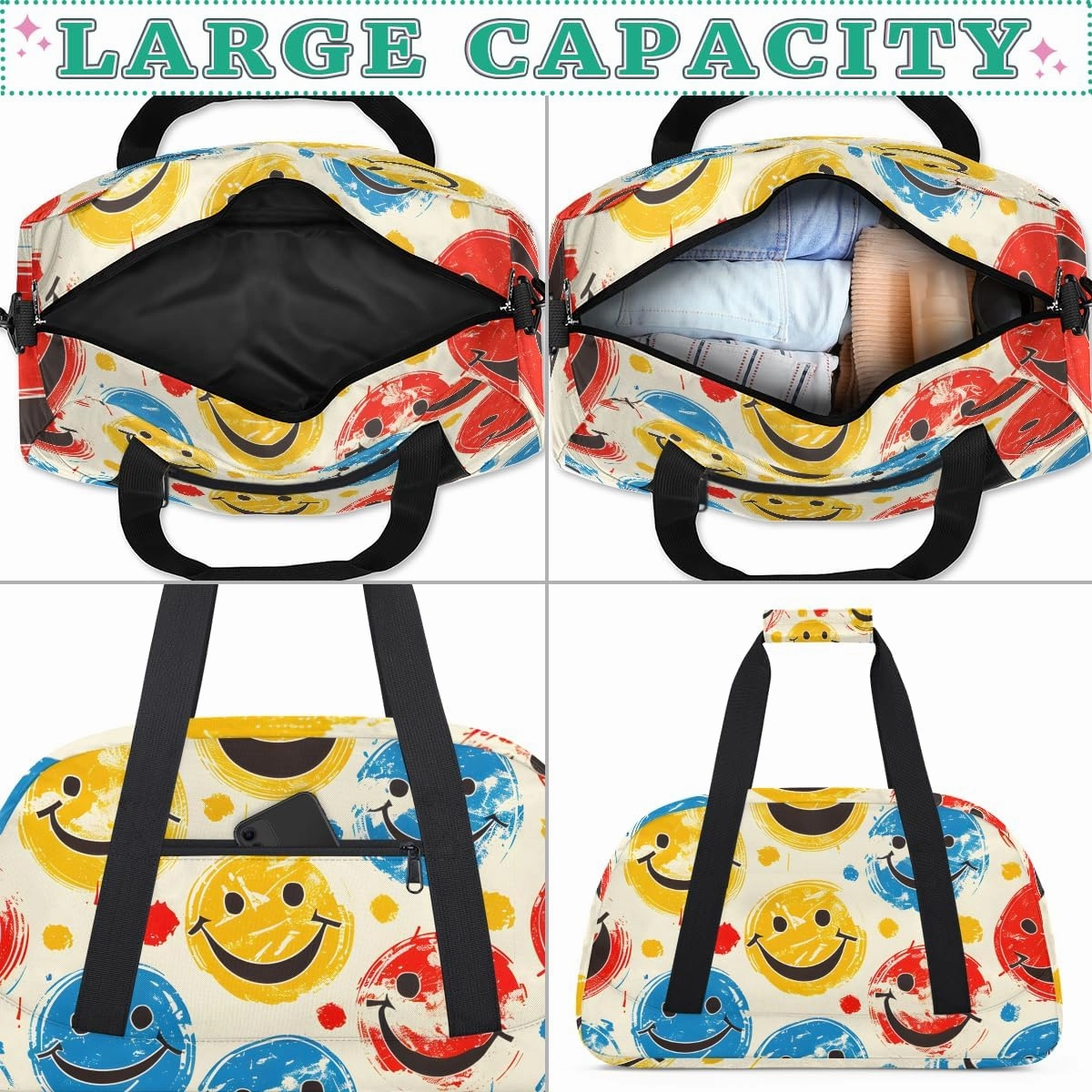 Smiley Graffiti Kids Overnighter Duffel Bags for Boys, Carry-On Size Sports Gym Bag with Front Zipper Pocket for School Practice or Overnight Travel Weekender Sleepover Tote Bag