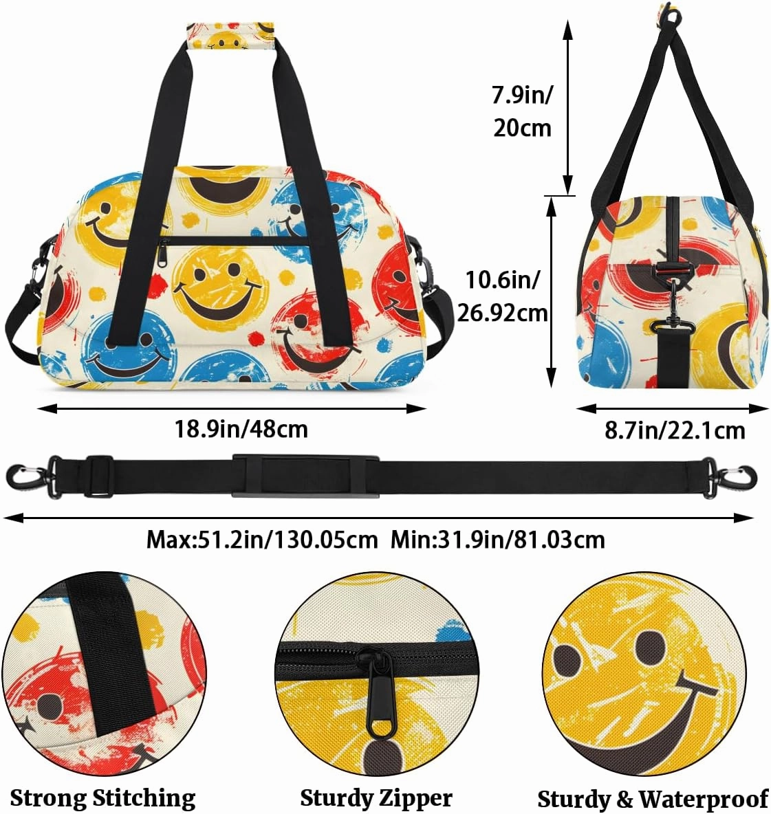 Smiley Graffiti Kids Overnighter Duffel Bags for Boys, Carry-On Size Sports Gym Bag with Front Zipper Pocket for School Practice or Overnight Travel Weekender Sleepover Tote Bag