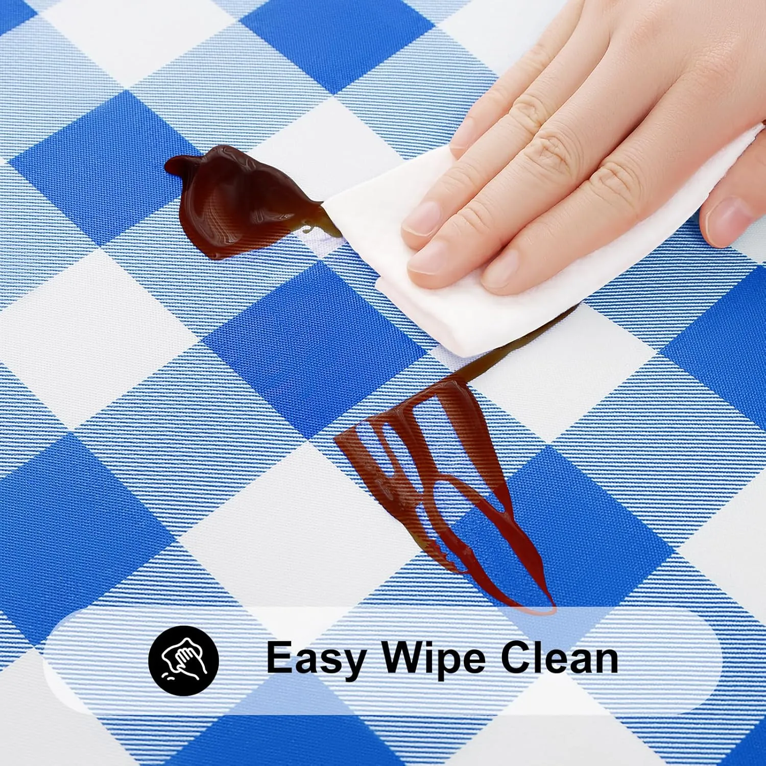 Smiry Round Picnic Table Cloth, Elastic Waterproof Fitted Vinyl Tablecloth for 45"-56" Tables, Flannel Backed Buffalo Plaid Table Covers for Dining, Camping, Outdoor, White and Blue