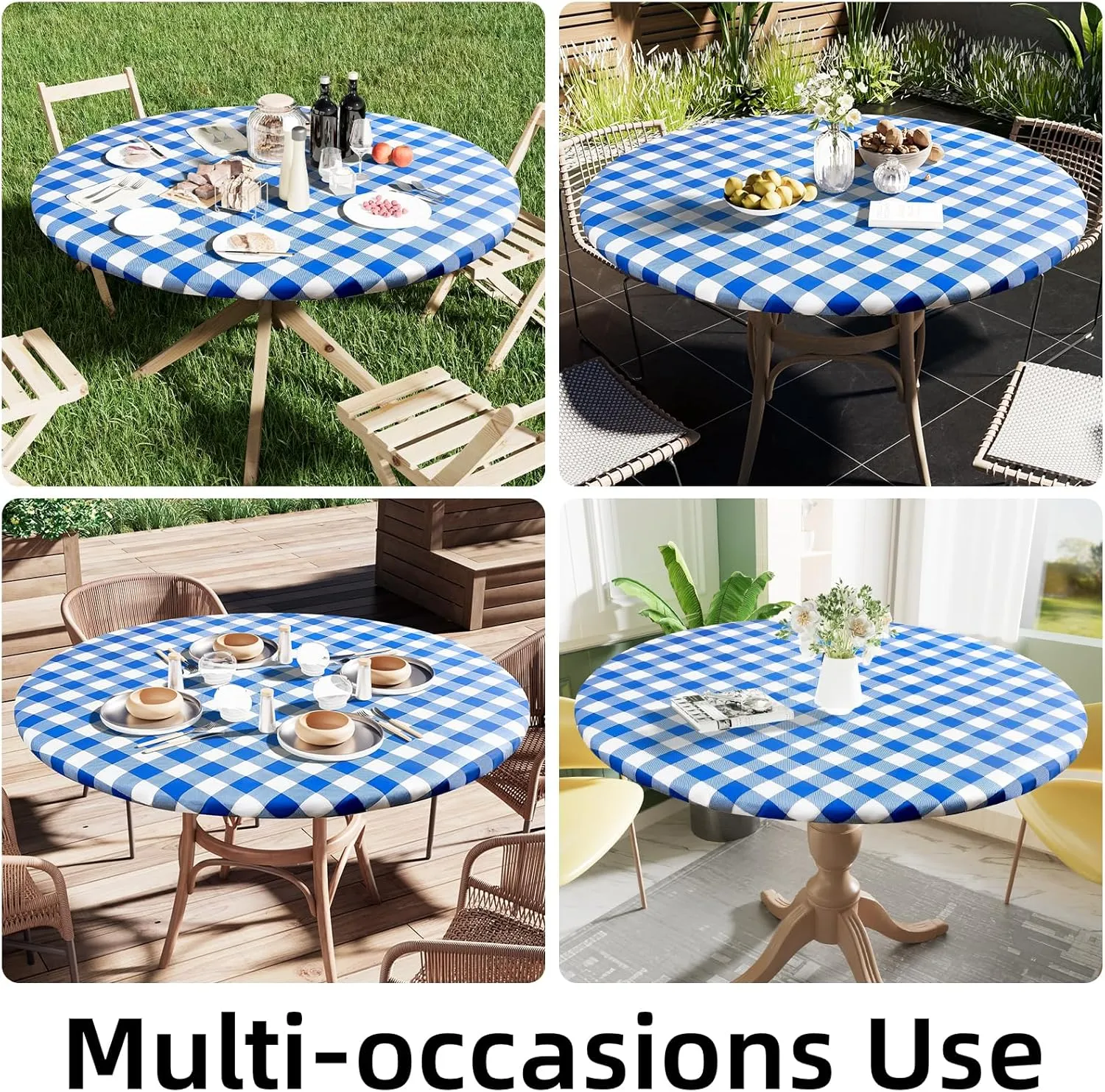 Smiry Round Picnic Table Cloth, Elastic Waterproof Fitted Vinyl Tablecloth for 45"-56" Tables, Flannel Backed Buffalo Plaid Table Covers for Dining, Camping, Outdoor, White and Blue