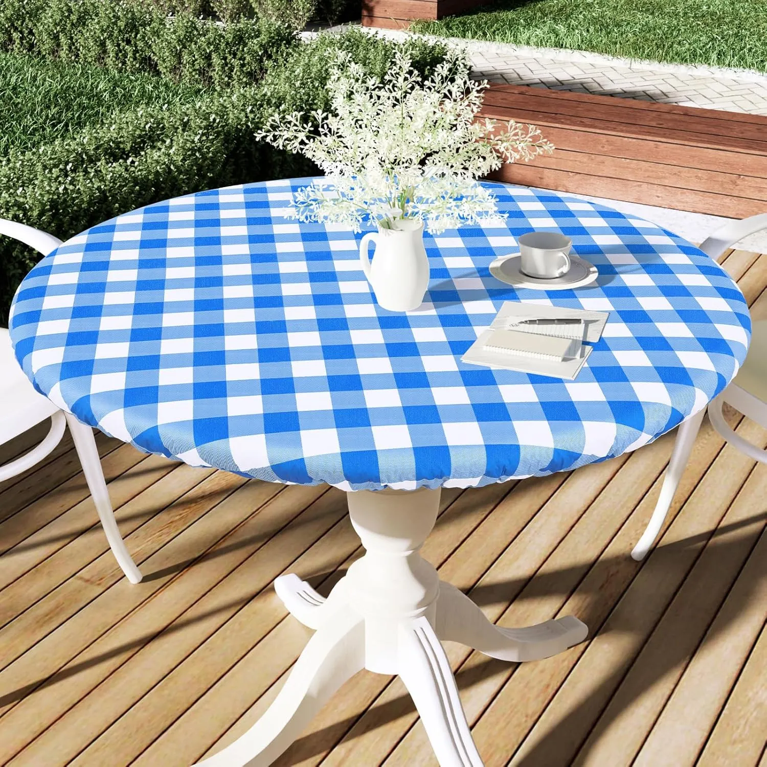 Smiry Round Picnic Table Cloth, Elastic Waterproof Fitted Vinyl Tablecloth for 45"-56" Tables, Flannel Backed Buffalo Plaid Table Covers for Dining, Camping, Outdoor, White and Blue