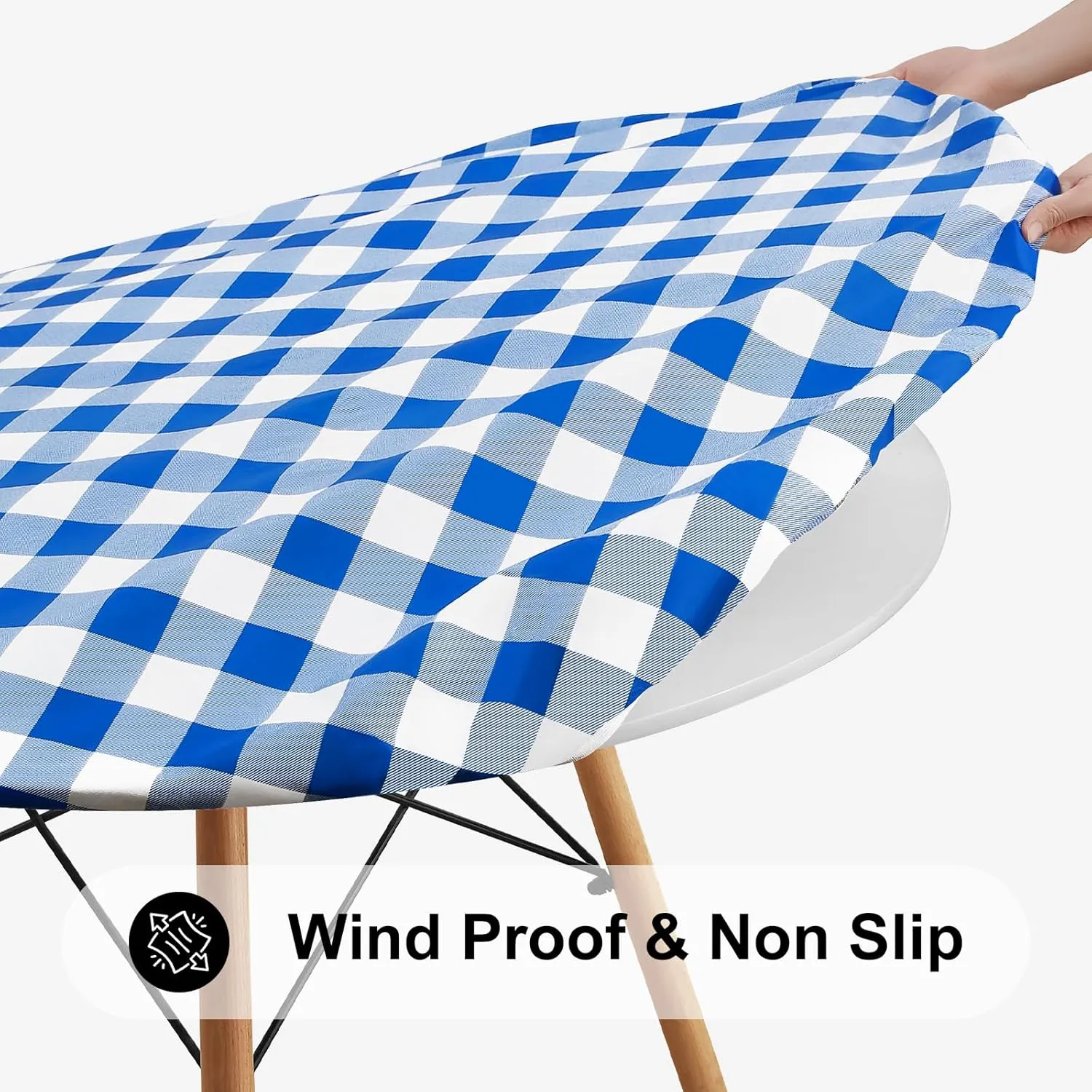 Smiry Round Picnic Table Cloth, Elastic Waterproof Fitted Vinyl Tablecloth for 45"-56" Tables, Flannel Backed Buffalo Plaid Table Covers for Dining, Camping, Outdoor, White and Blue