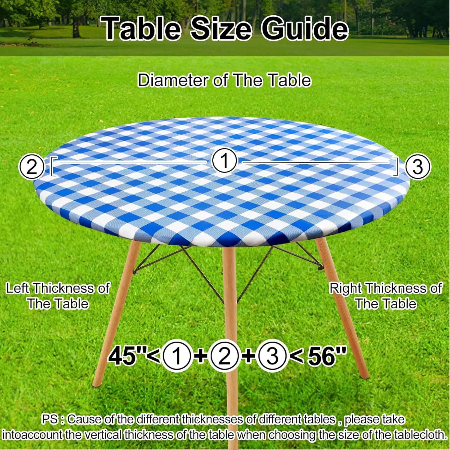 Smiry Round Picnic Table Cloth, Elastic Waterproof Fitted Vinyl Tablecloth for 45"-56" Tables, Flannel Backed Buffalo Plaid Table Covers for Dining, Camping, Outdoor, White and Blue