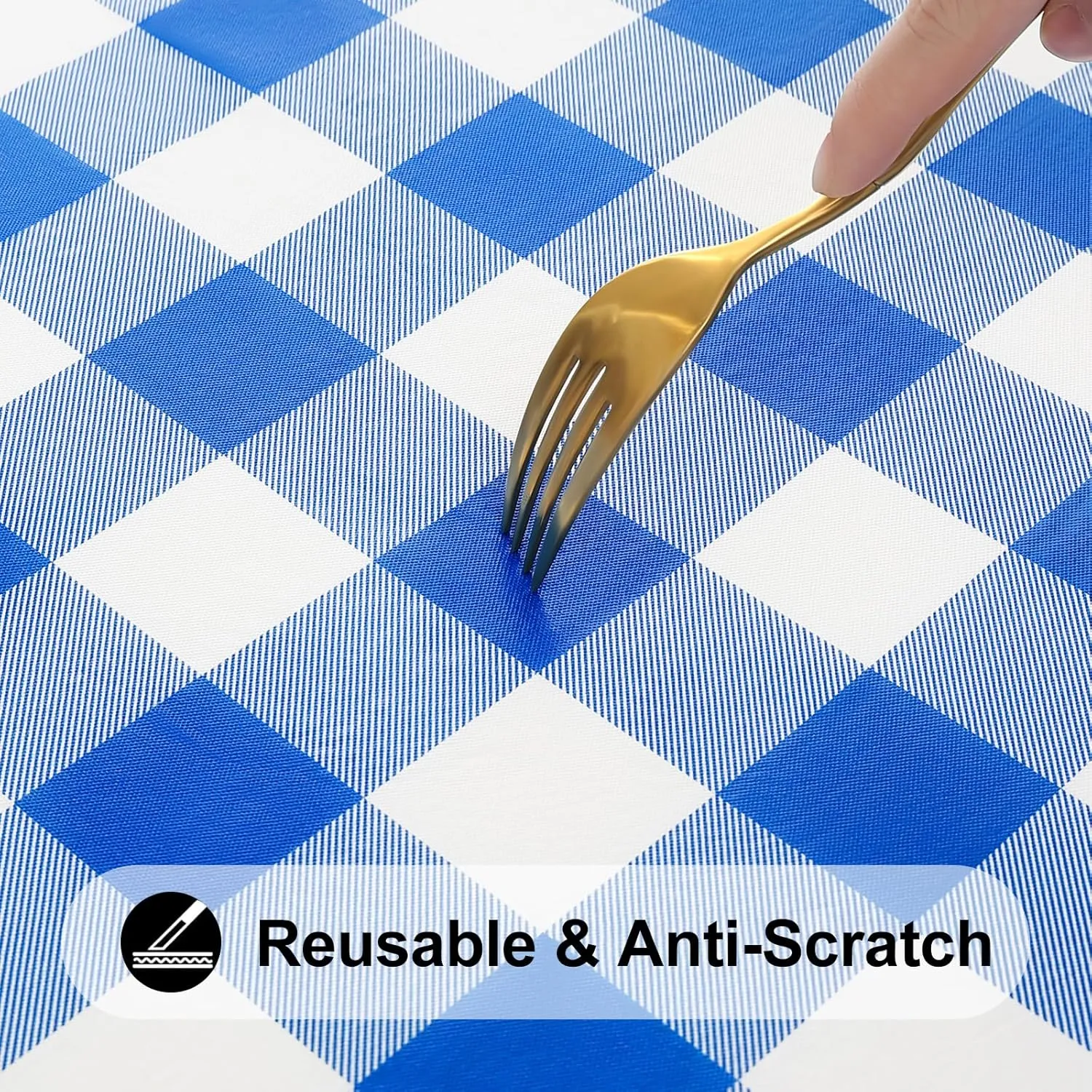 Smiry Round Picnic Table Cloth, Elastic Waterproof Fitted Vinyl Tablecloth for 45"-56" Tables, Flannel Backed Buffalo Plaid Table Covers for Dining, Camping, Outdoor, White and Blue