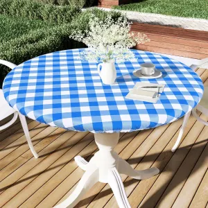Smiry Round Picnic Table Cloth, Elastic Waterproof Fitted Vinyl Tablecloth for 45"-56" Tables, Flannel Backed Buffalo Plaid Table Covers for Dining, Camping, Outdoor, White and Blue