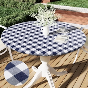 Smiry Round Picnic Table Cloth, Elastic Waterproof Fitted Vinyl Tablecloth for 36"-44" Tables, Flannel Backed Buffalo Plaid Table Covers for Dining, Camping, Outdoor, White and Navy