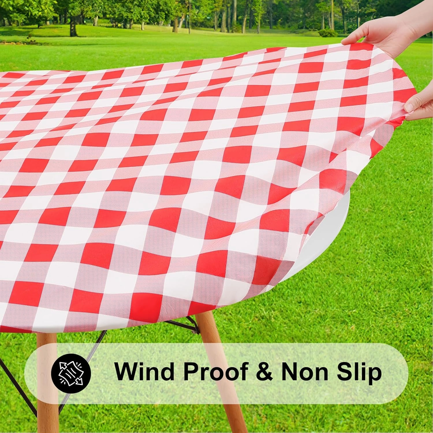 Smiry Round Picnic Table Cloth, Elastic Waterproof Fitted Vinyl Tablecloth for 36"-44" Tables, Flannel Backed Buffalo Plaid Table Covers for Dining, Camping, Outdoor, White and Red