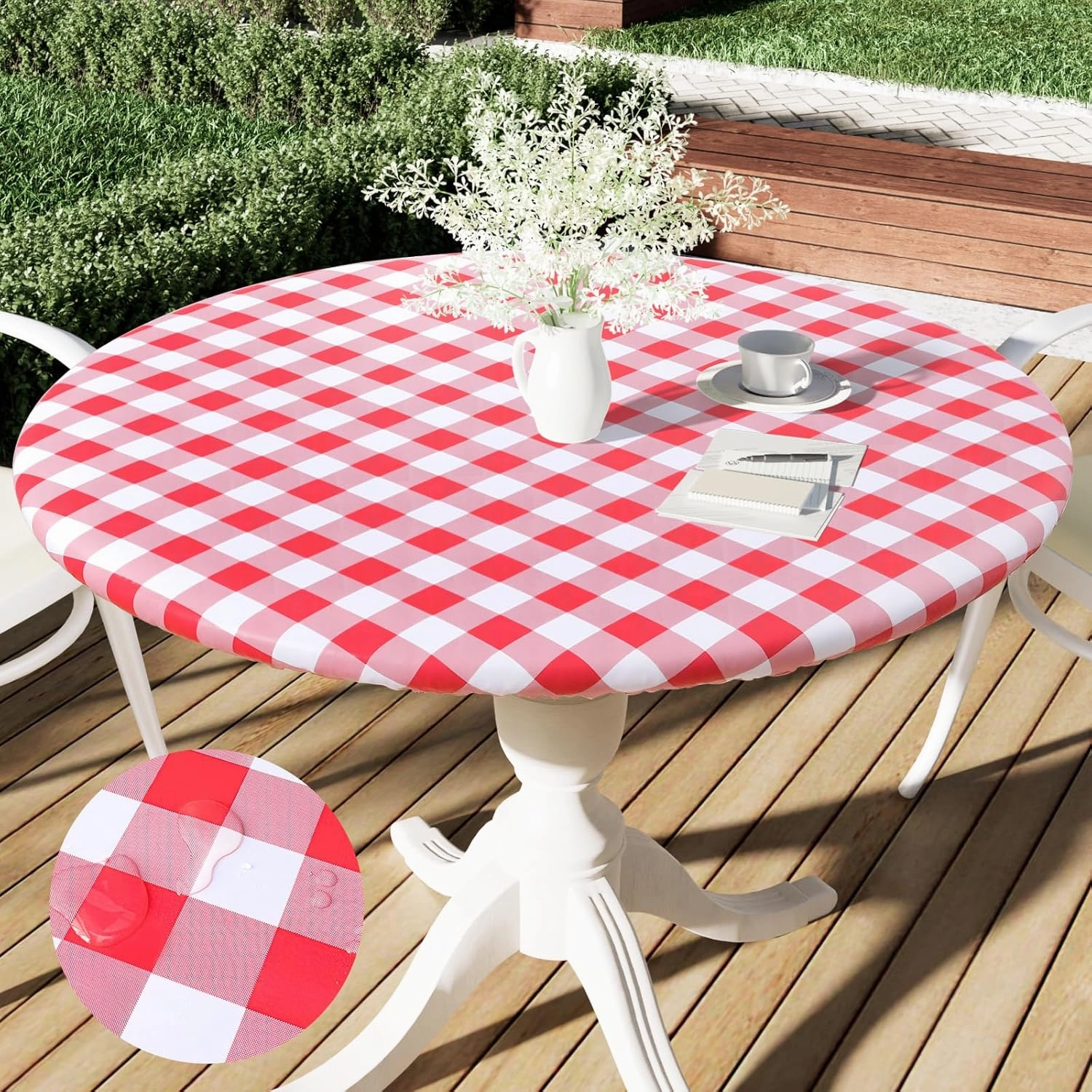 Smiry Round Picnic Table Cloth, Elastic Waterproof Fitted Vinyl Tablecloth for 36"-44" Tables, Flannel Backed Buffalo Plaid Table Covers for Dining, Camping, Outdoor, White and Red