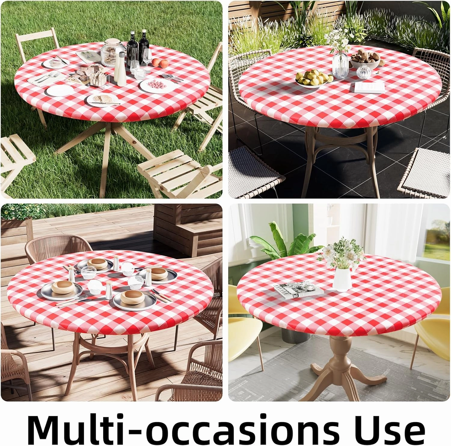 Smiry Round Picnic Table Cloth, Elastic Waterproof Fitted Vinyl Tablecloth for 36"-44" Tables, Flannel Backed Buffalo Plaid Table Covers for Dining, Camping, Outdoor, White and Red