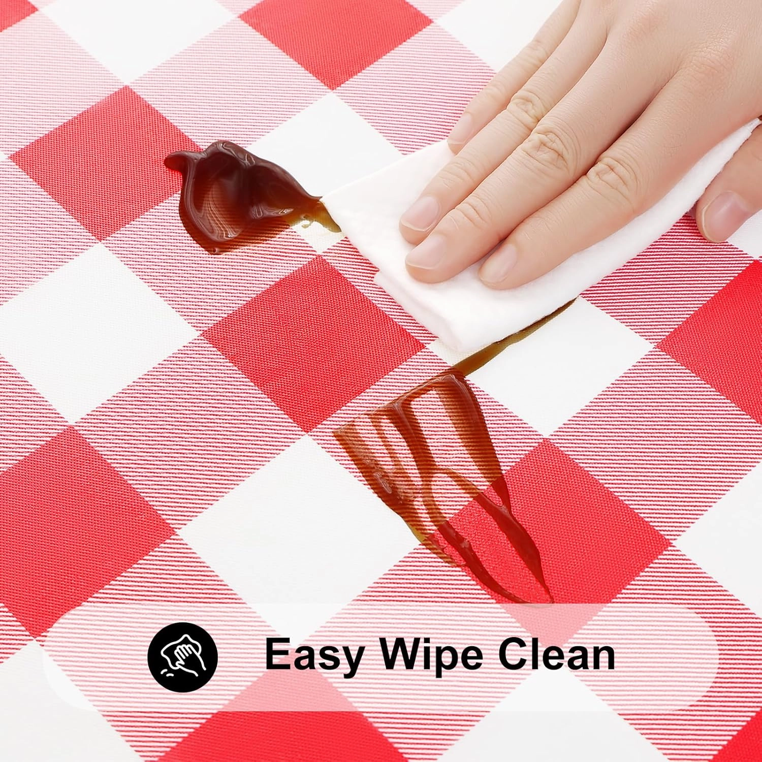 Smiry Round Picnic Table Cloth, Elastic Waterproof Fitted Vinyl Tablecloth for 36"-44" Tables, Flannel Backed Buffalo Plaid Table Covers for Dining, Camping, Outdoor, White and Red