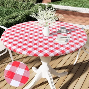 Smiry Round Picnic Table Cloth, Elastic Waterproof Fitted Vinyl Tablecloth for 36"-44" Tables, Flannel Backed Buffalo Plaid Table Covers for Dining, Camping, Outdoor, White and Red