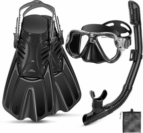 Snorkeling Gear for Adults, 4 in 1 Adult Snorkel Set with Panoramic View Snorkel Mask, Dry Top Snorkel, Adjustable Short Fins and Travel Bag, Snorkel Set with Fins for Snorkeling Diving