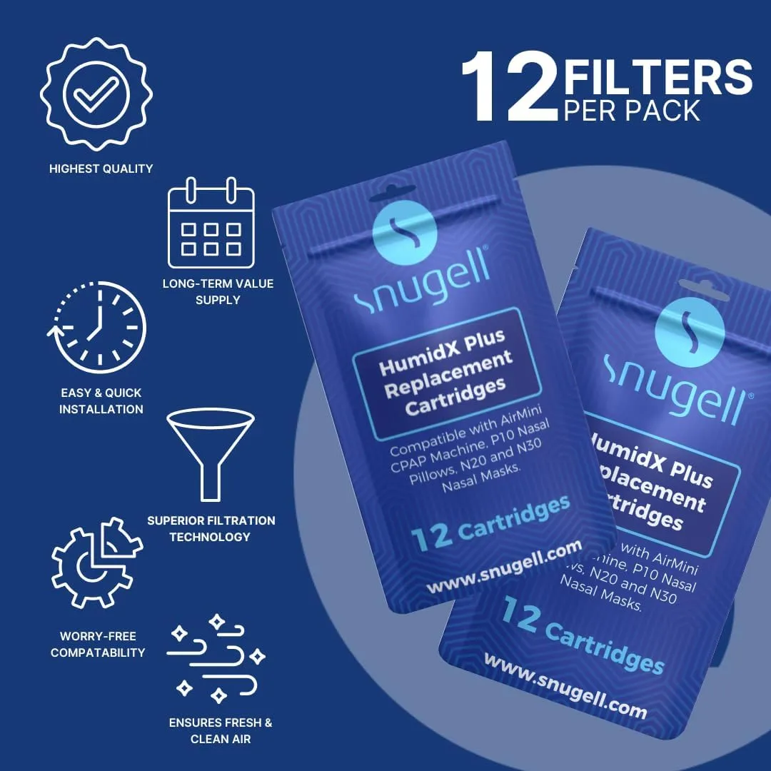 Snugell HumidX Plus for AirMini CPAP Machine –12-Pack – Replacement Cartridges for ResMed AirMini HumidX – Compatible with P10 Nasal Pillows & N20/N30 Nasal Masks – Enhances Comfort & Humidity Control