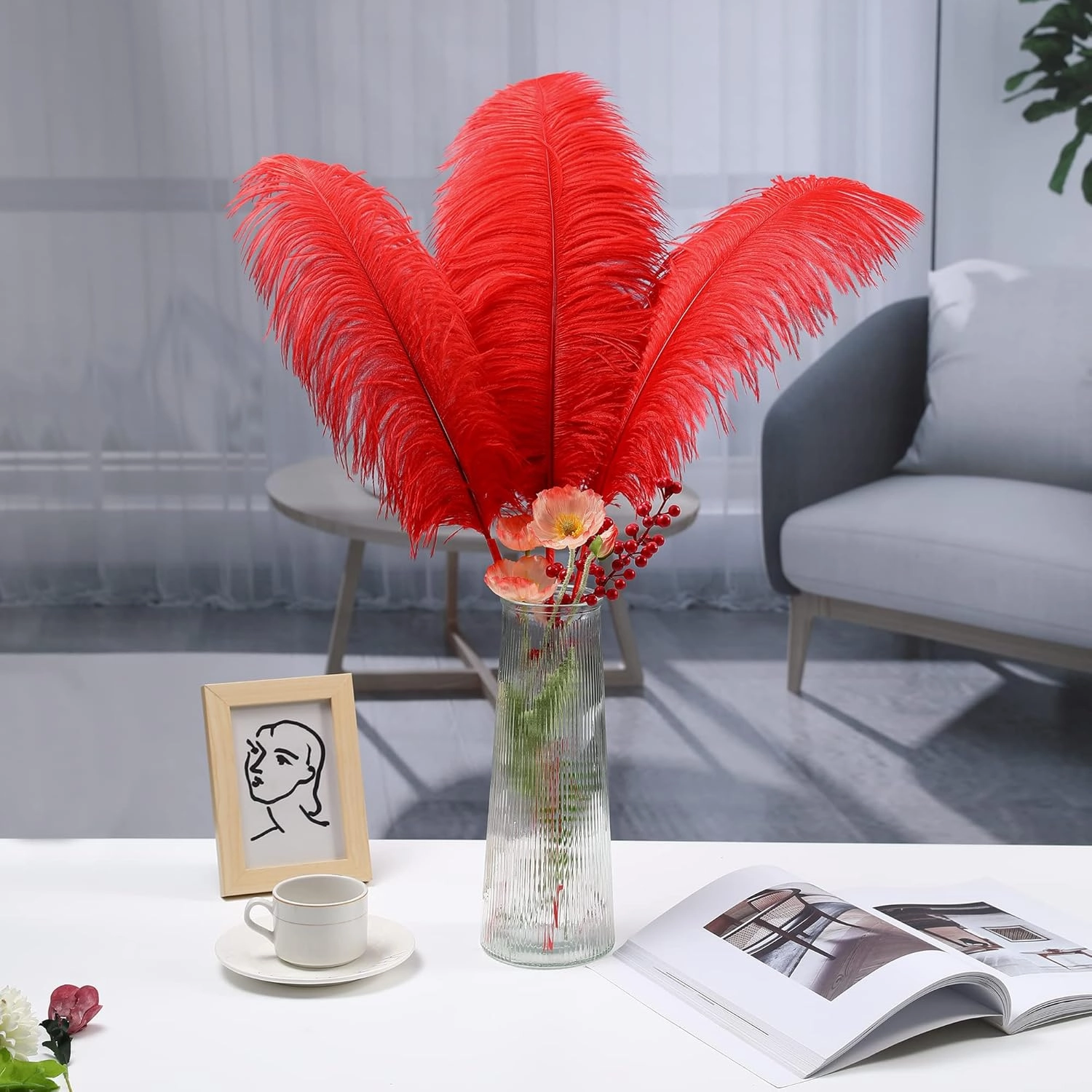 Soarer Red Ostrich Feathers for Vase - 10Pcs Making Kit 34inch Extra Large Ostrich Feathers Long for Tall Vase,Floral Arrangement,Theme Party Centerpieces and Wedding Home Decoration(Red)