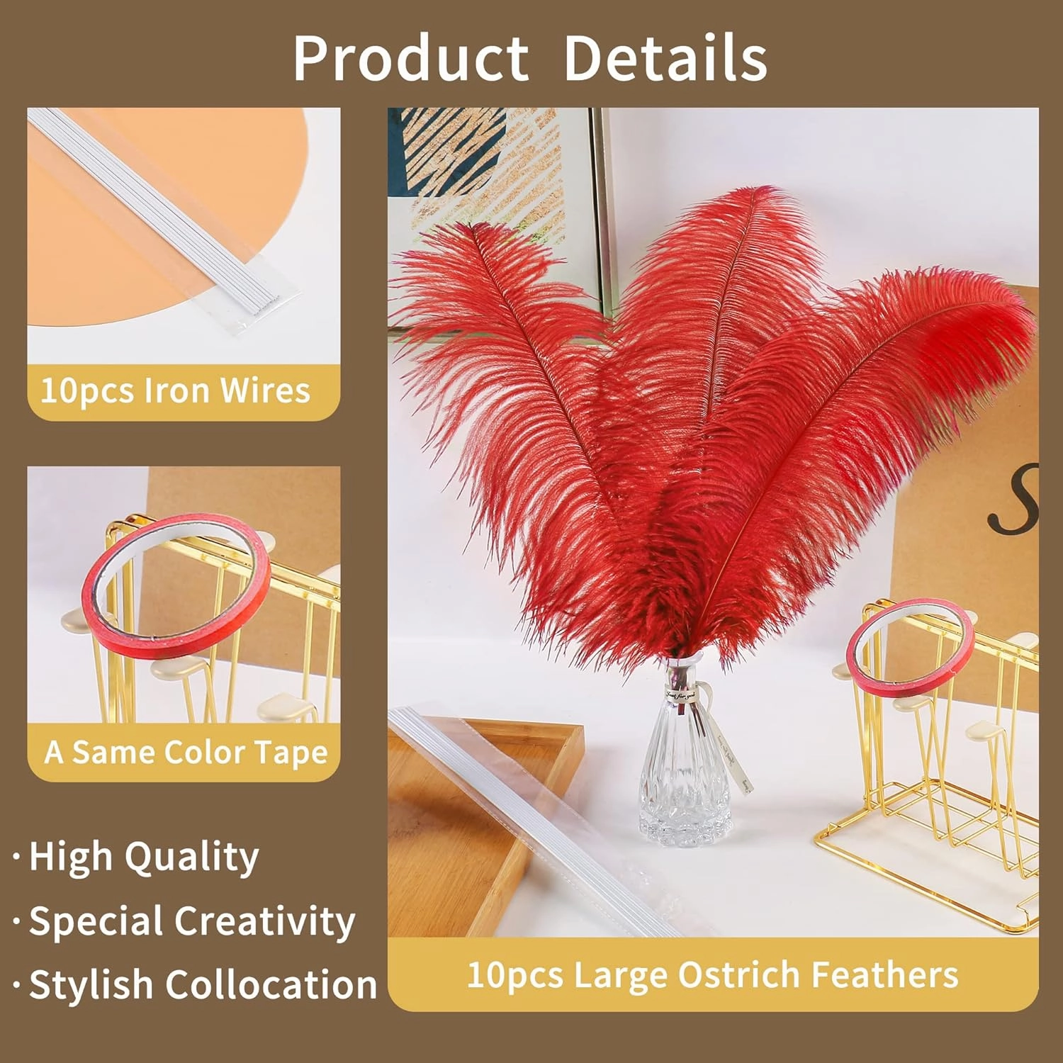 Soarer Red Ostrich Feathers for Vase - 10Pcs Making Kit 34inch Extra Large Ostrich Feathers Long for Tall Vase,Floral Arrangement,Theme Party Centerpieces and Wedding Home Decoration(Red)