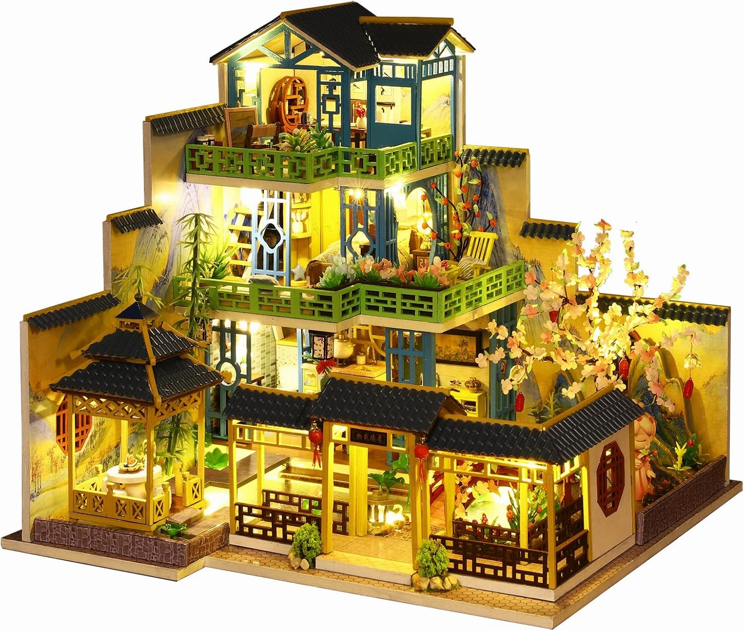 Spilay Dollhouse DIY Miniature Wooden Furniture Kit,Mini Handmade Big Castle Model with LED & Music Box,1:24 Scale Creative Doll House Toys for Adult Gift