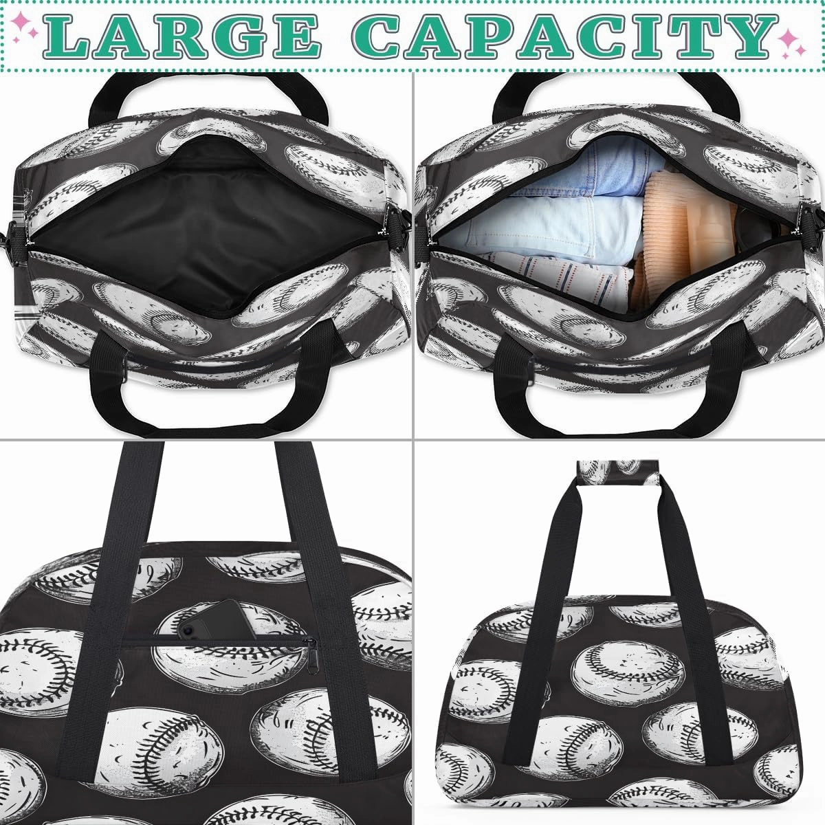 Sports Pattern Kids Overnighter Duffel Bags for Boys, Carry-On Size Sports Gym Bag with Front Zipper Pocket for School Practice or Overnight Travel Weekender Sleepover Tote Bag
