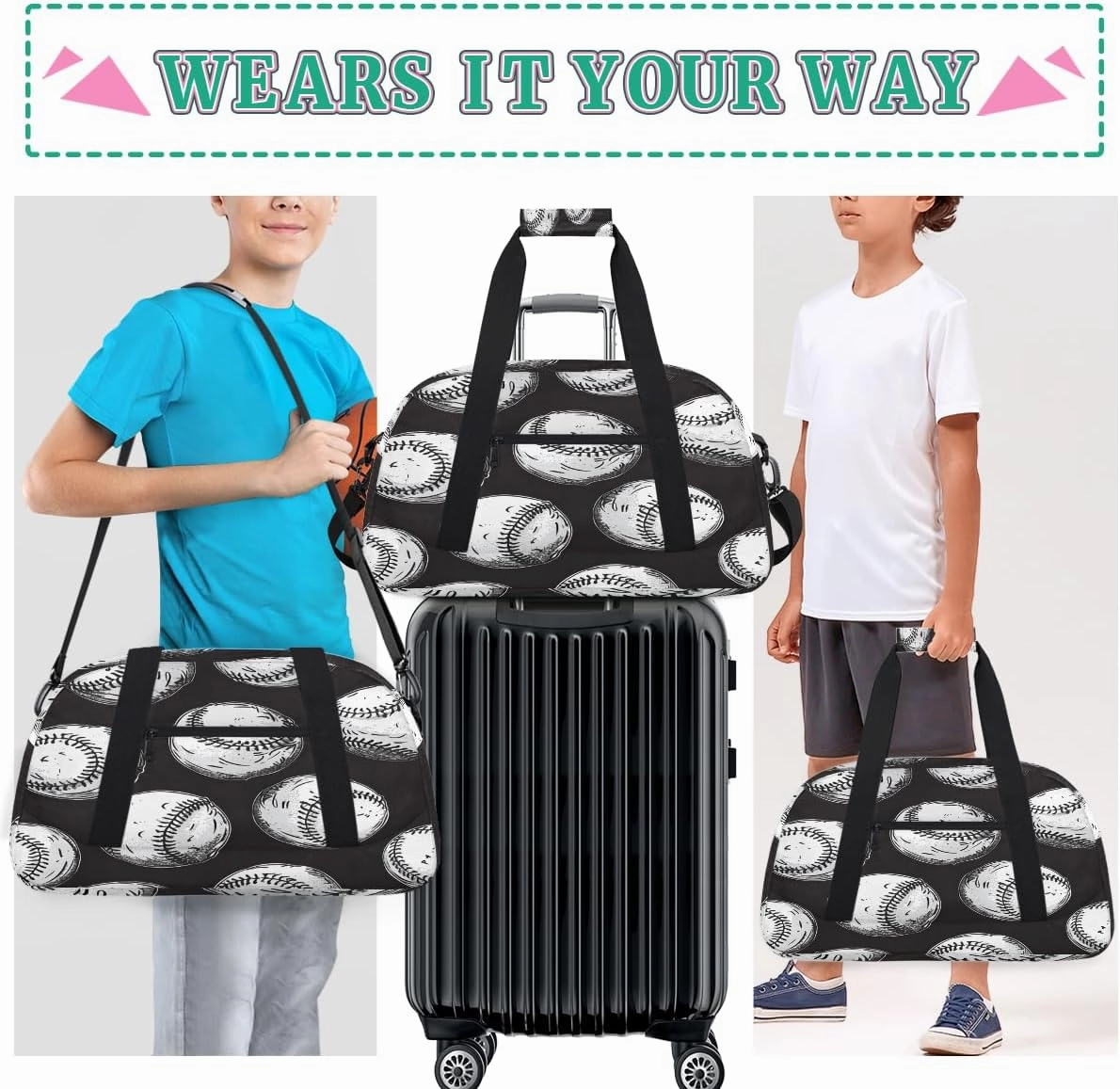 Sports Pattern Kids Overnighter Duffel Bags for Boys, Carry-On Size Sports Gym Bag with Front Zipper Pocket for School Practice or Overnight Travel Weekender Sleepover Tote Bag