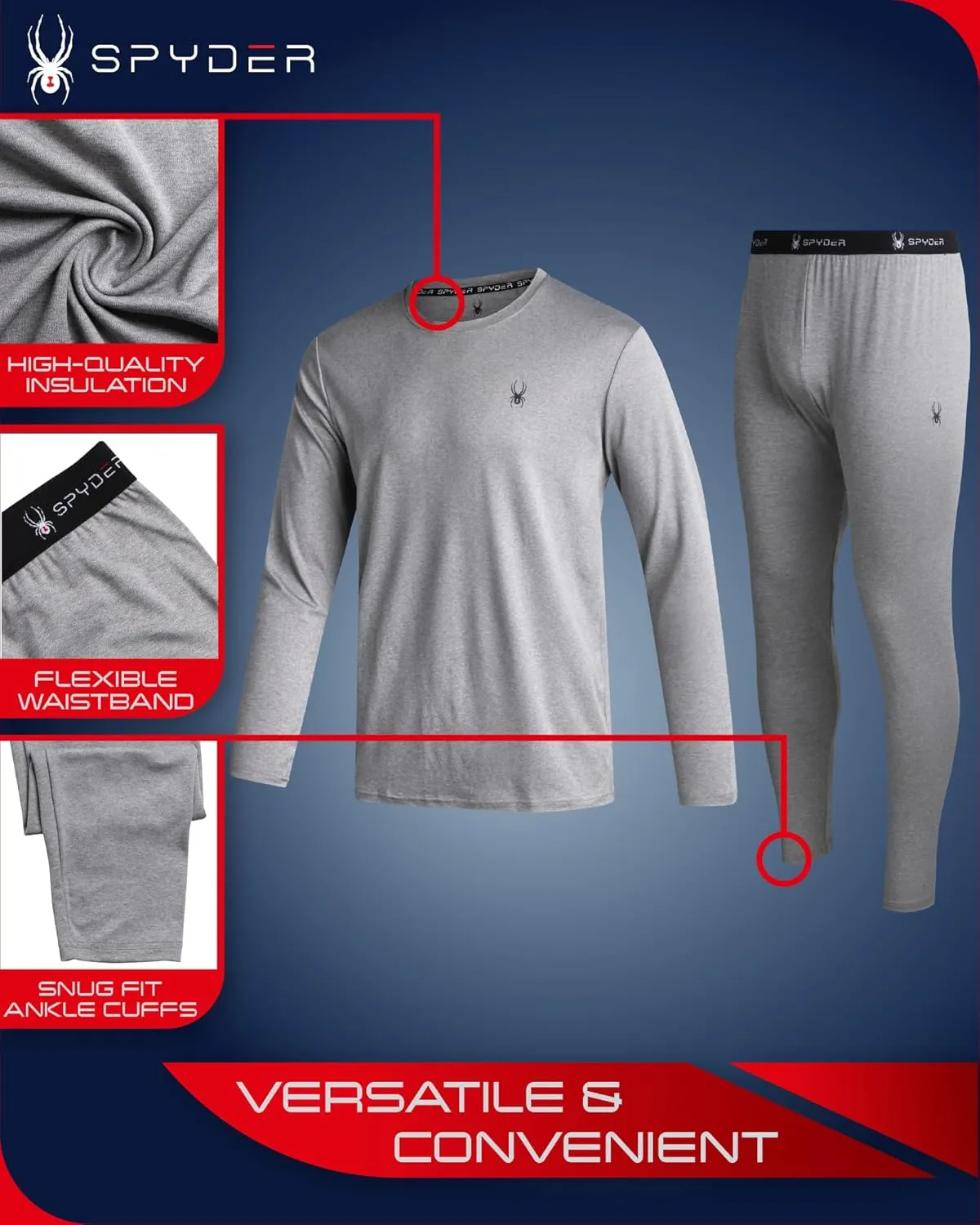 Spyder Men's Thermal Underwear Set - 2 Piece Brushed Back Fleece Lined Long Johns Base Layer Set for Men (Sizes: S-XL)