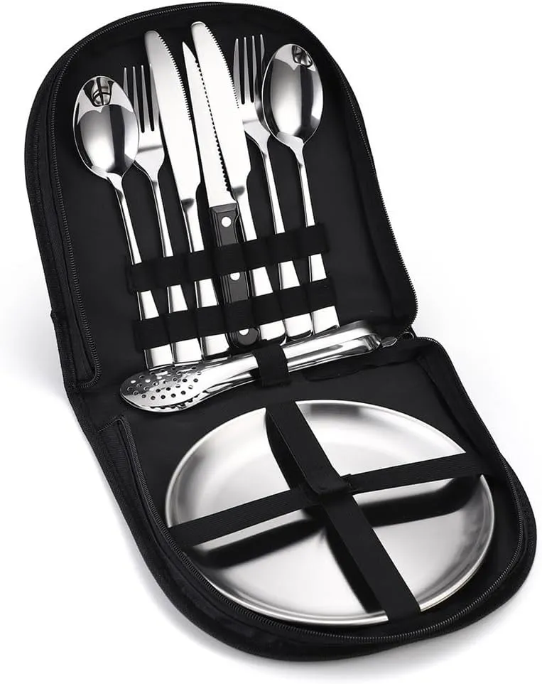 Stainless Steel Fork Spoon Portable Outdoor Camping Barbecue Plate Tableware Set of 10 Pieces