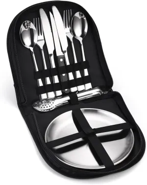 Stainless Steel Fork Spoon Portable Outdoor Camping Barbecue Plate Tableware Set of 10 Pieces