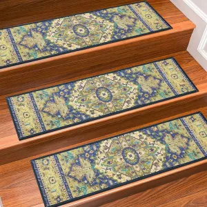 Stair Treads for Wooden Steps Indoor, 15 Pack 8" X 30" Non Slip Carpet Stair Treads with Reusable Adhesive for Kids Elders and Dogs, TPR Backing Stair Rugs Oriental Staircase Step Treads,Bohemia