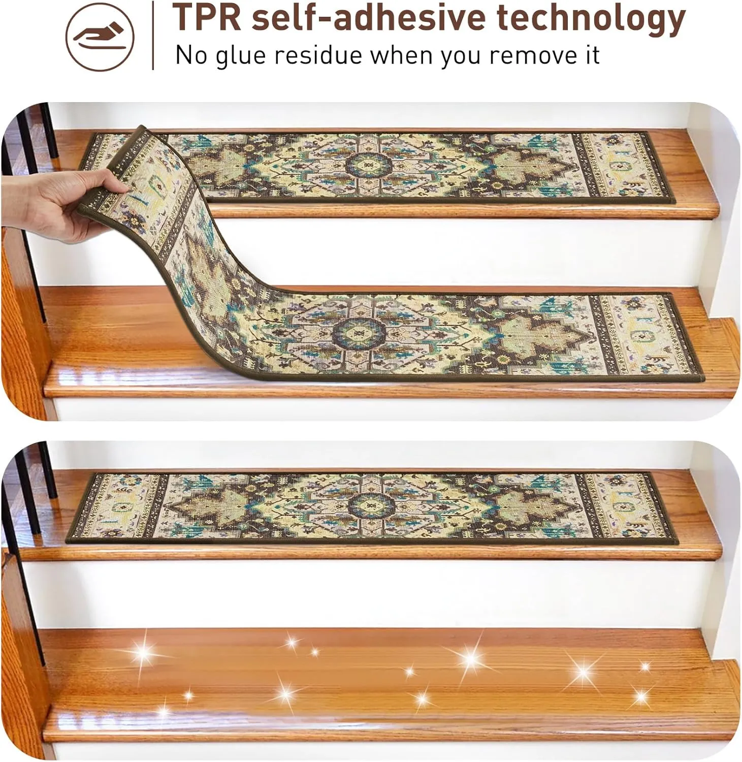 Stair Treads for Wooden Steps Indoor, 15 Pack 8" X 30" Non Slip Carpet Stair Treads with Reusable Adhesive for Kids Elders and Dogs, TPR Backing Stair Rugs Oriental Staircase Step Treads,Bohemia