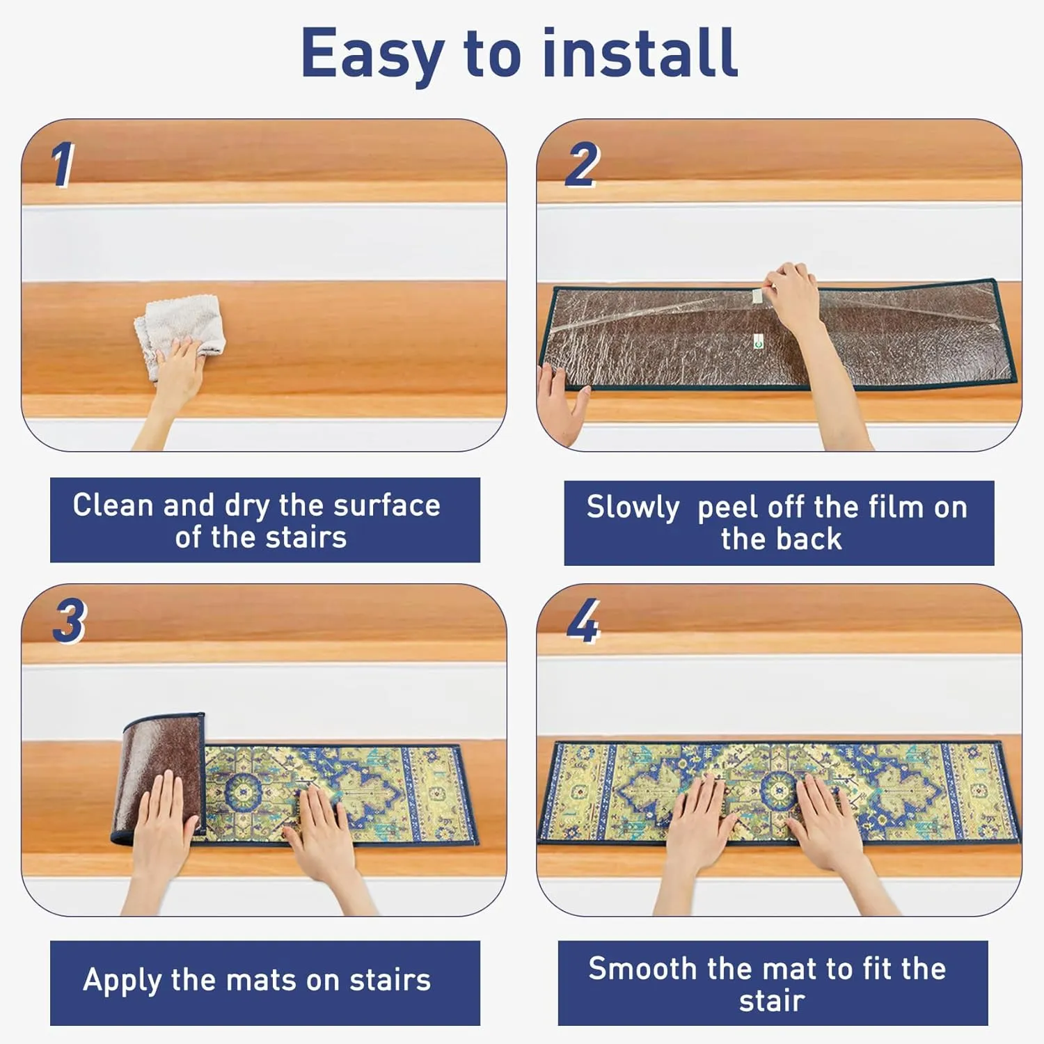 Stair Treads for Wooden Steps Indoor, 15 Pack 8" X 30" Non Slip Carpet Stair Treads with Reusable Adhesive for Kids Elders and Dogs, TPR Backing Stair Rugs Oriental Staircase Step Treads,Bohemia
