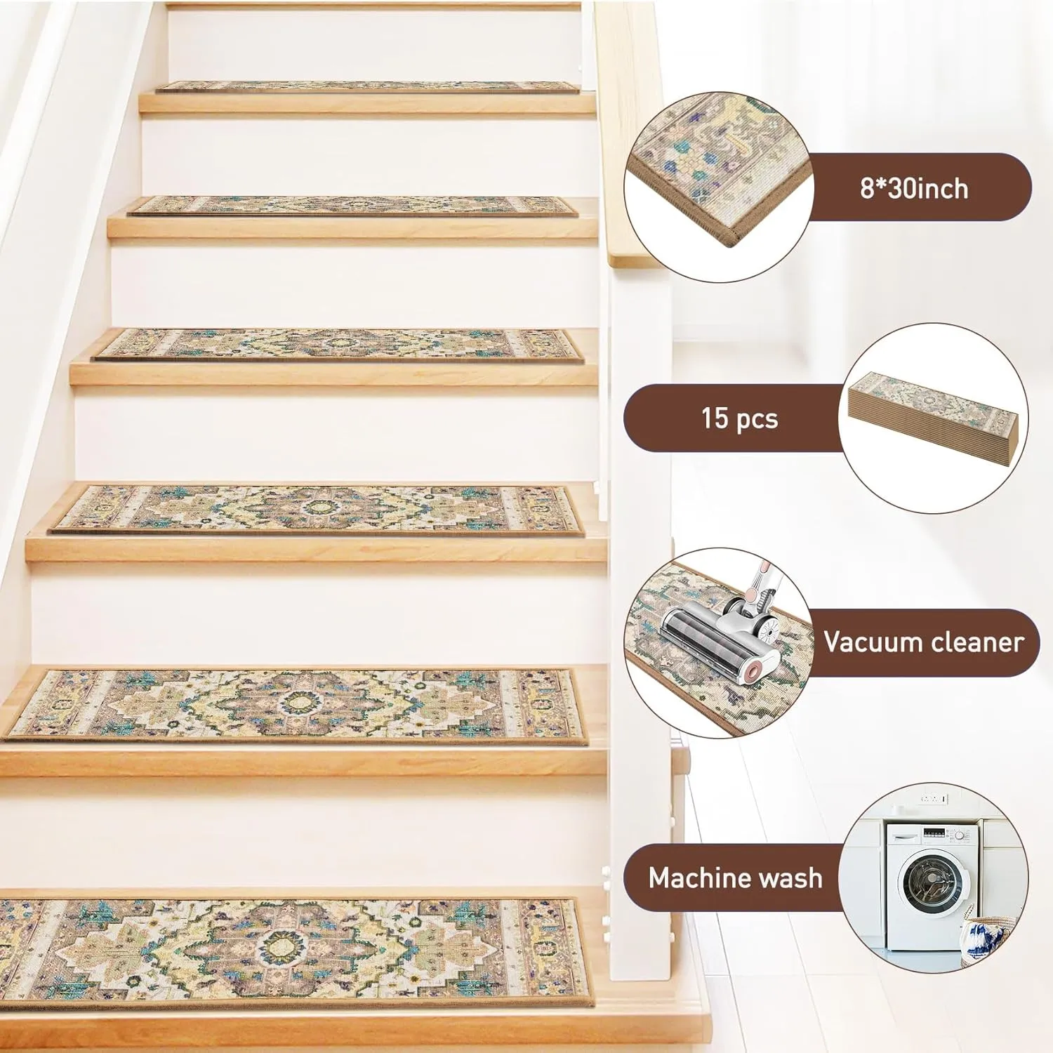 Stair Treads for Wooden Steps Indoor, 15 Pack 8" X 30" Non Slip Carpet Stair Treads with Reusable Adhesive for Kids Elders and Dogs, TPR Backing Stair Rugs Oriental Staircase Step Treads,Bohemia