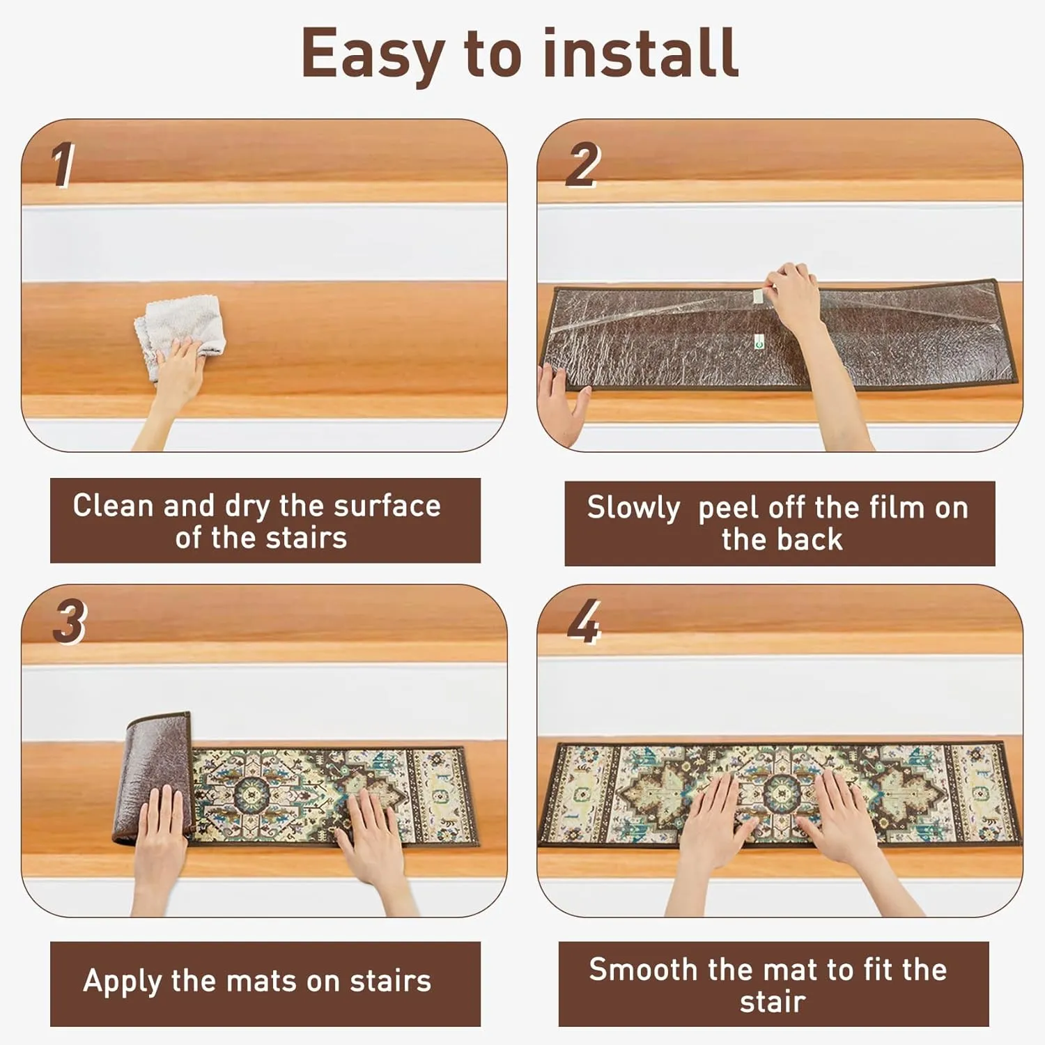 Stair Treads for Wooden Steps Indoor, 15 Pack 8" X 30" Non Slip Carpet Stair Treads with Reusable Adhesive for Kids Elders and Dogs, TPR Backing Stair Rugs Oriental Staircase Step Treads,Bohemia