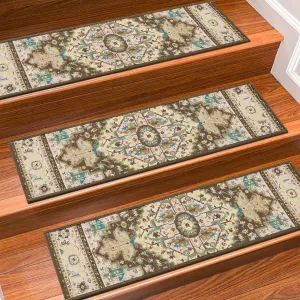 Stair Treads for Wooden Steps Indoor, 15 Pack 8" X 30" Non Slip Carpet Stair Treads with Reusable Adhesive for Kids Elders and Dogs, TPR Backing Stair Rugs Oriental Staircase Step Treads,Bohemia