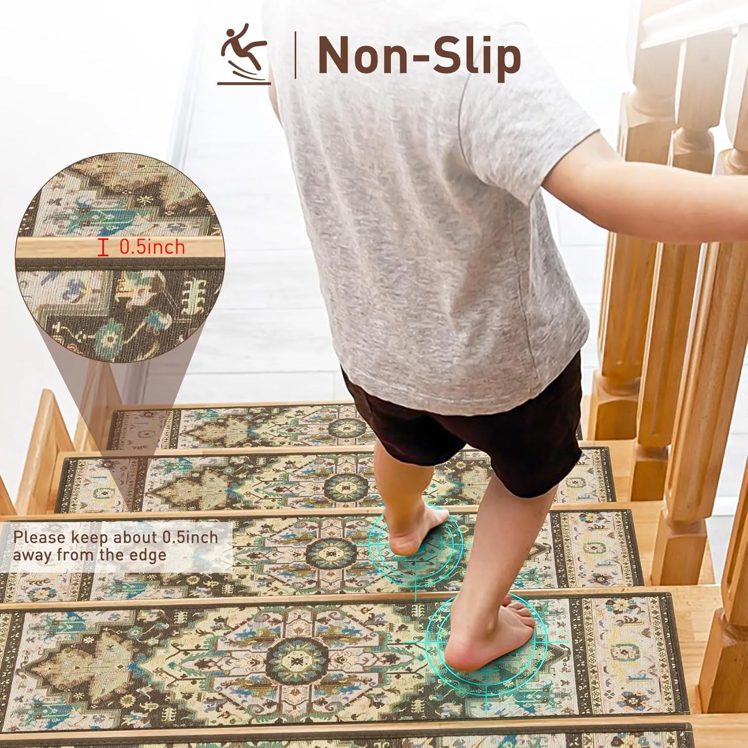 Stair Treads for Wooden Steps Indoor, 15 Pack 8" X 30" Non Slip Carpet Stair Treads with Reusable Adhesive for Kids Elders and Dogs, TPR Backing Stair Rugs Oriental Staircase Step Treads,Bohemia