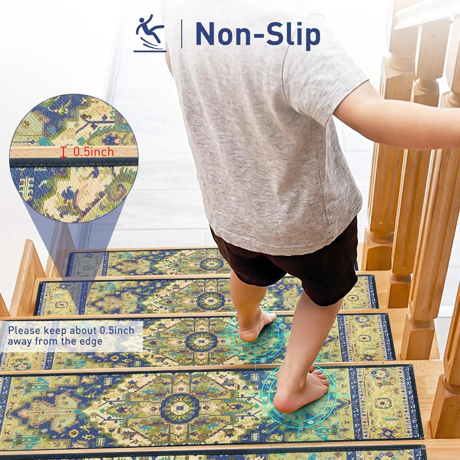 Stair Treads for Wooden Steps Indoor, 15 Pack 8" X 30" Non Slip Carpet Stair Treads with Reusable Adhesive for Kids Elders and Dogs, TPR Backing Stair Rugs Oriental Staircase Step Treads,Bohemia