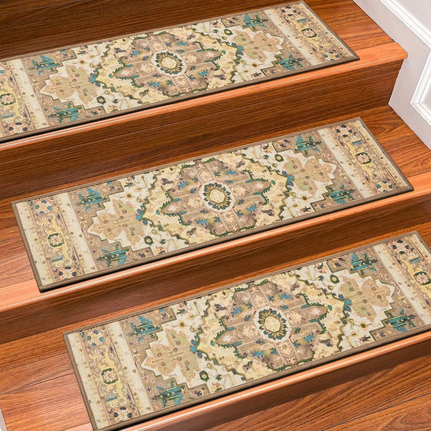 Stair Treads for Wooden Steps Indoor, 15 Pack 8" X 30" Non Slip Carpet Stair Treads with Reusable Adhesive for Kids Elders and Dogs, TPR Backing Stair Rugs Oriental Staircase Step Treads,Bohemia