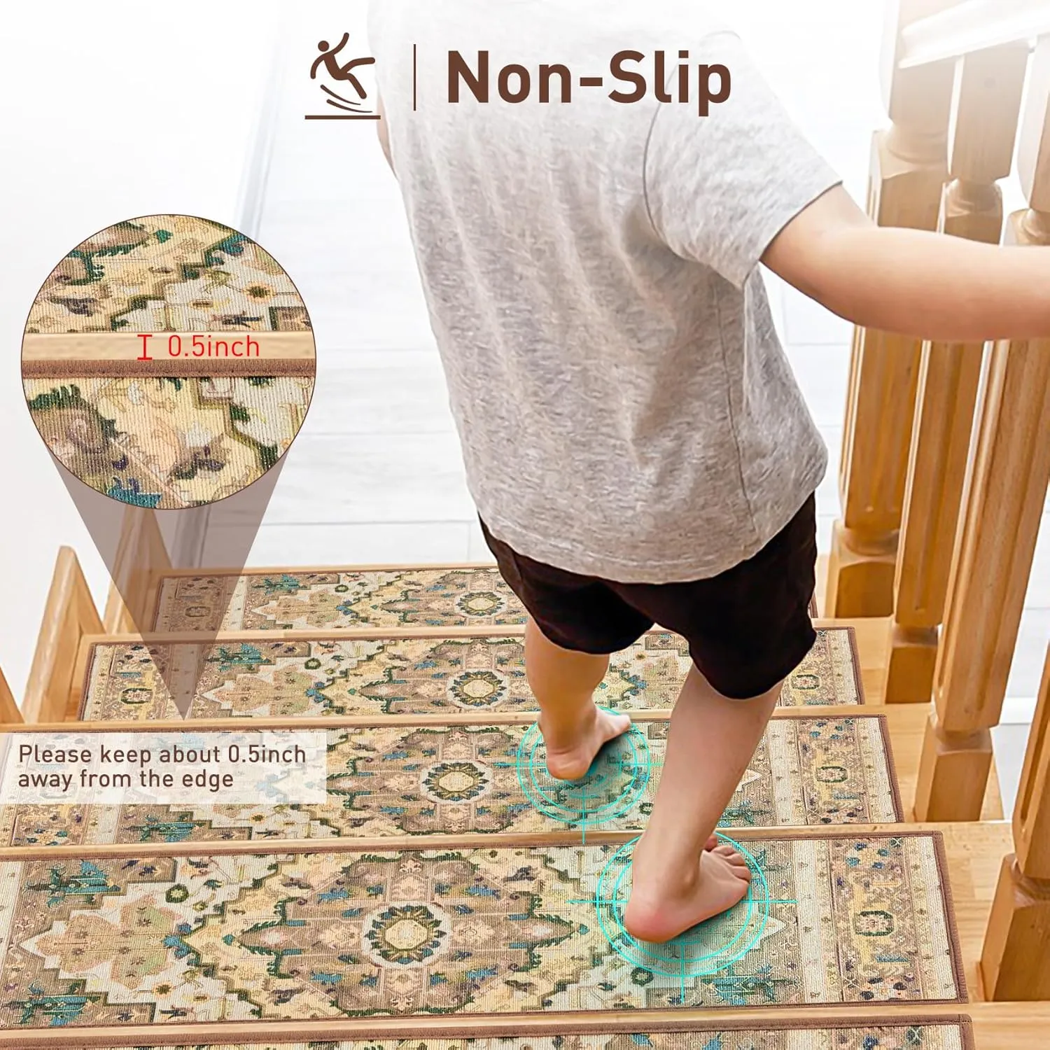 Stair Treads for Wooden Steps Indoor, 15 Pack 8" X 30" Non Slip Carpet Stair Treads with Reusable Adhesive for Kids Elders and Dogs, TPR Backing Stair Rugs Oriental Staircase Step Treads,Bohemia