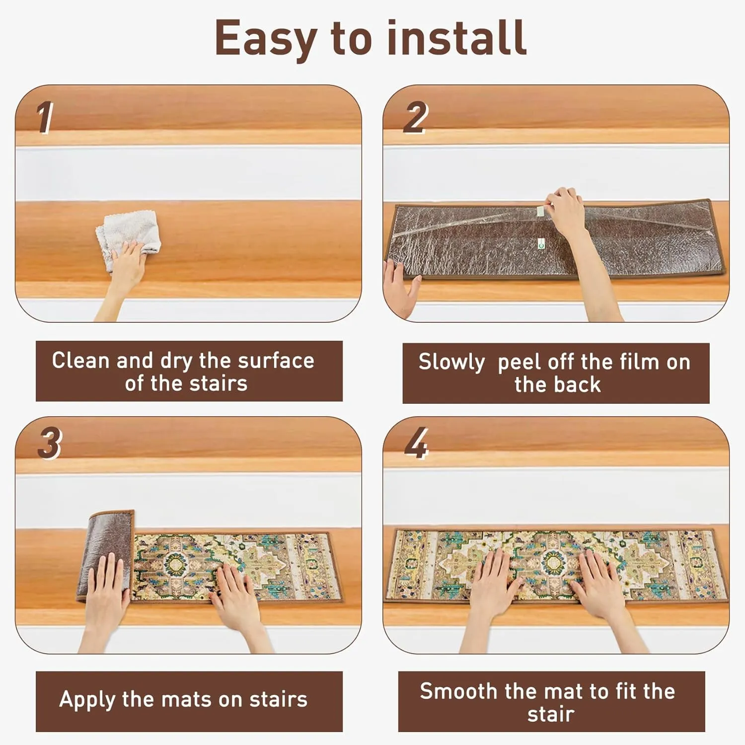 Stair Treads for Wooden Steps Indoor, 15 Pack 8" X 30" Non Slip Carpet Stair Treads with Reusable Adhesive for Kids Elders and Dogs, TPR Backing Stair Rugs Oriental Staircase Step Treads,Bohemia