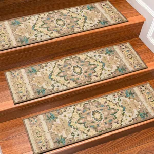 Stair Treads for Wooden Steps Indoor, 15 Pack 8" X 30" Non Slip Carpet Stair Treads with Reusable Adhesive for Kids Elders and Dogs, TPR Backing Stair Rugs Oriental Staircase Step Treads,Bohemia