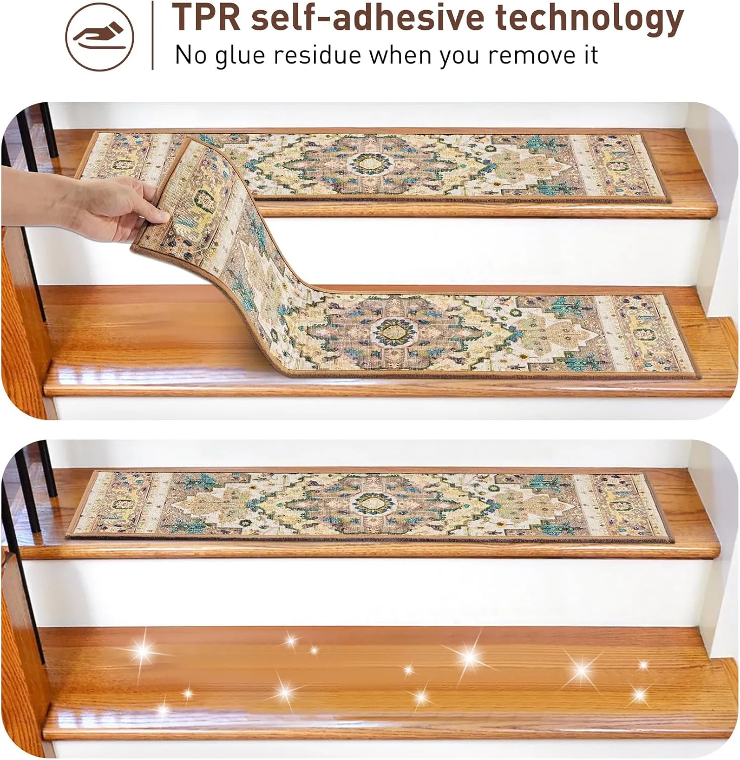 Stair Treads for Wooden Steps Indoor, 15 Pack 8" X 30" Non Slip Carpet Stair Treads with Reusable Adhesive for Kids Elders and Dogs, TPR Backing Stair Rugs Oriental Staircase Step Treads,Bohemia