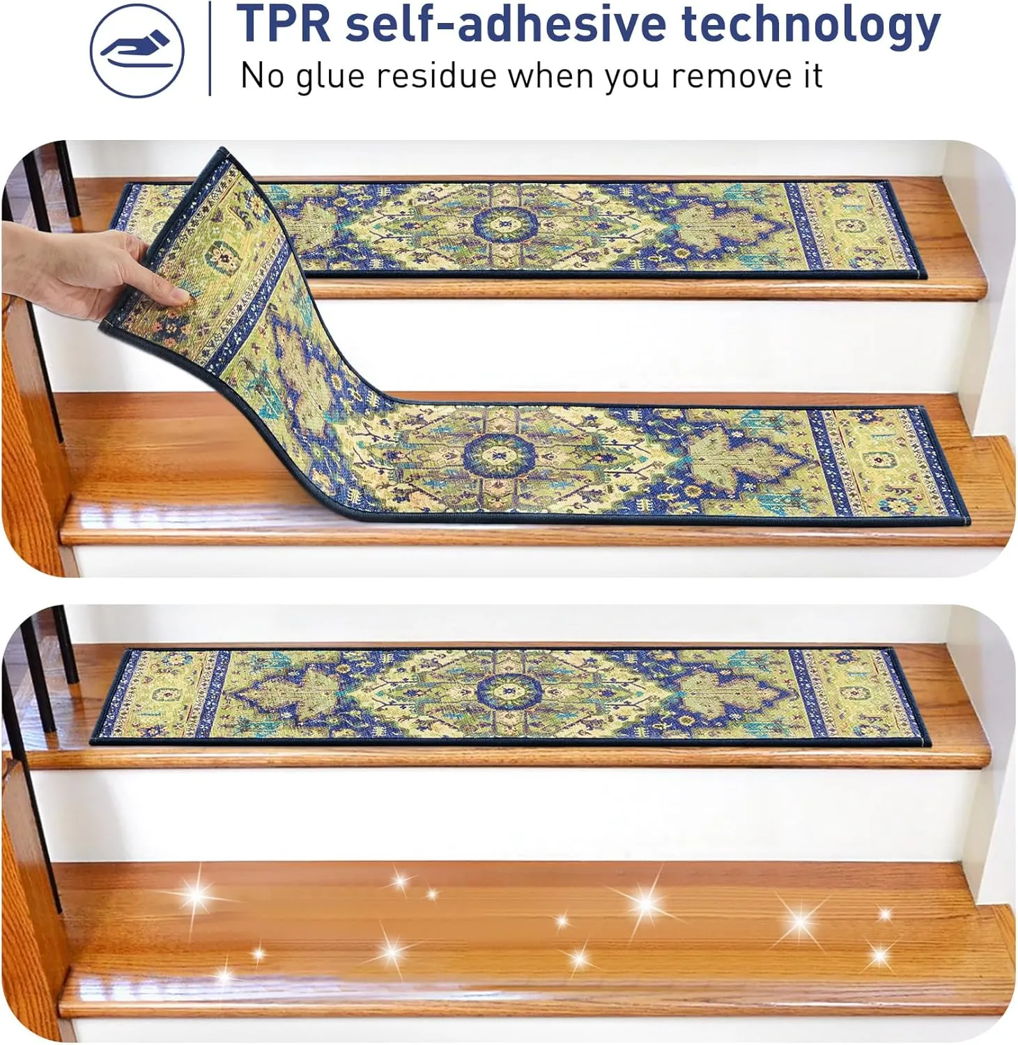 Stair Treads for Wooden Steps Indoor, 15 Pack 8" X 30" Non Slip Carpet Stair Treads with Reusable Adhesive for Kids Elders and Dogs, TPR Backing Stair Rugs Oriental Staircase Step Treads,Bohemia