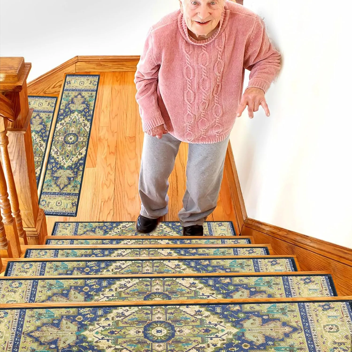 Stair Treads for Wooden Steps Indoor, 15 Pack 8" X 30" Non Slip Carpet Stair Treads with Reusable Adhesive for Kids Elders and Dogs, TPR Backing Stair Rugs Oriental Staircase Step Treads,Bohemia