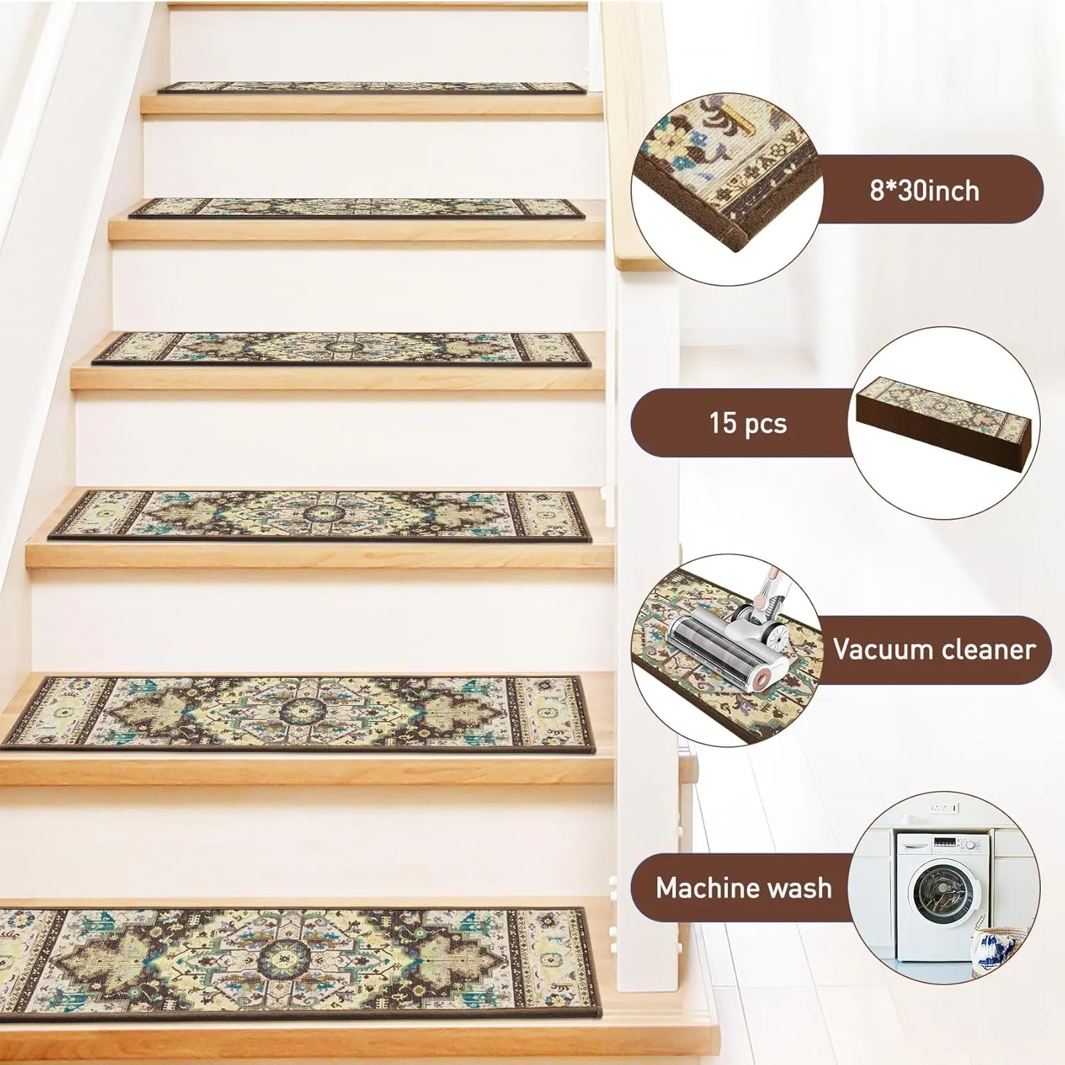 Stair Treads for Wooden Steps Indoor, 15 Pack 8" X 30" Non Slip Carpet Stair Treads with Reusable Adhesive for Kids Elders and Dogs, TPR Backing Stair Rugs Oriental Staircase Step Treads,Bohemia