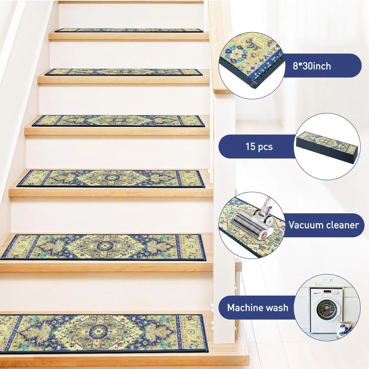 Stair Treads for Wooden Steps Indoor, 15 Pack 8" X 30" Non Slip Carpet Stair Treads with Reusable Adhesive for Kids Elders and Dogs, TPR Backing Stair Rugs Oriental Staircase Step Treads,Bohemia