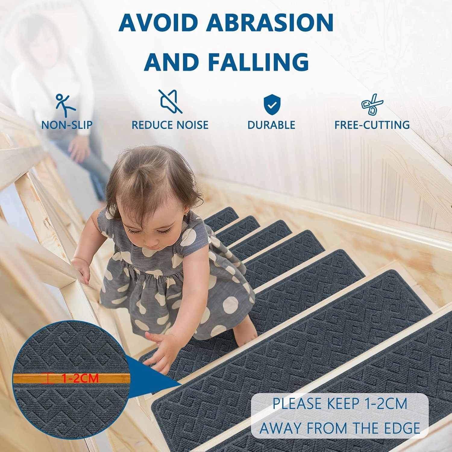 Stair Treads for Wooden Steps Indoor, 15 Pack 8" X 30" Non Slip Carpet Stair Treads with Reusable Adhesive for Kids Elders and Dogs, Surface Polyester TPR Backing Stair Rugs