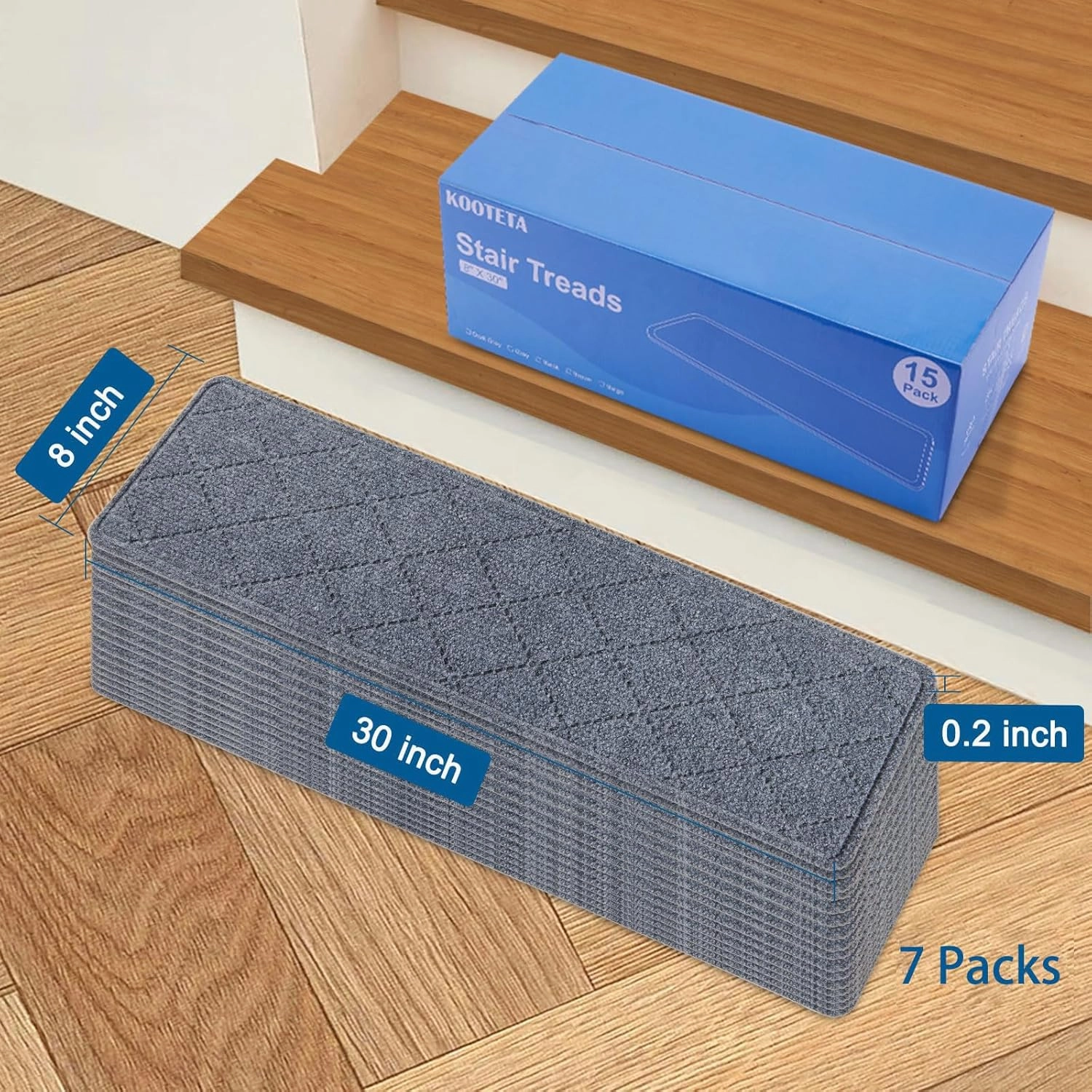 Stair Treads for Wooden Steps Indoor, KOOTETA 15 Pack 8" X 30" Non Slip Carpet Stair Treads with Reusable Adhesive for Kids Elders and Dogs, Surface Polyester TPR Backing Stair Runner Rugs, Dark Grey