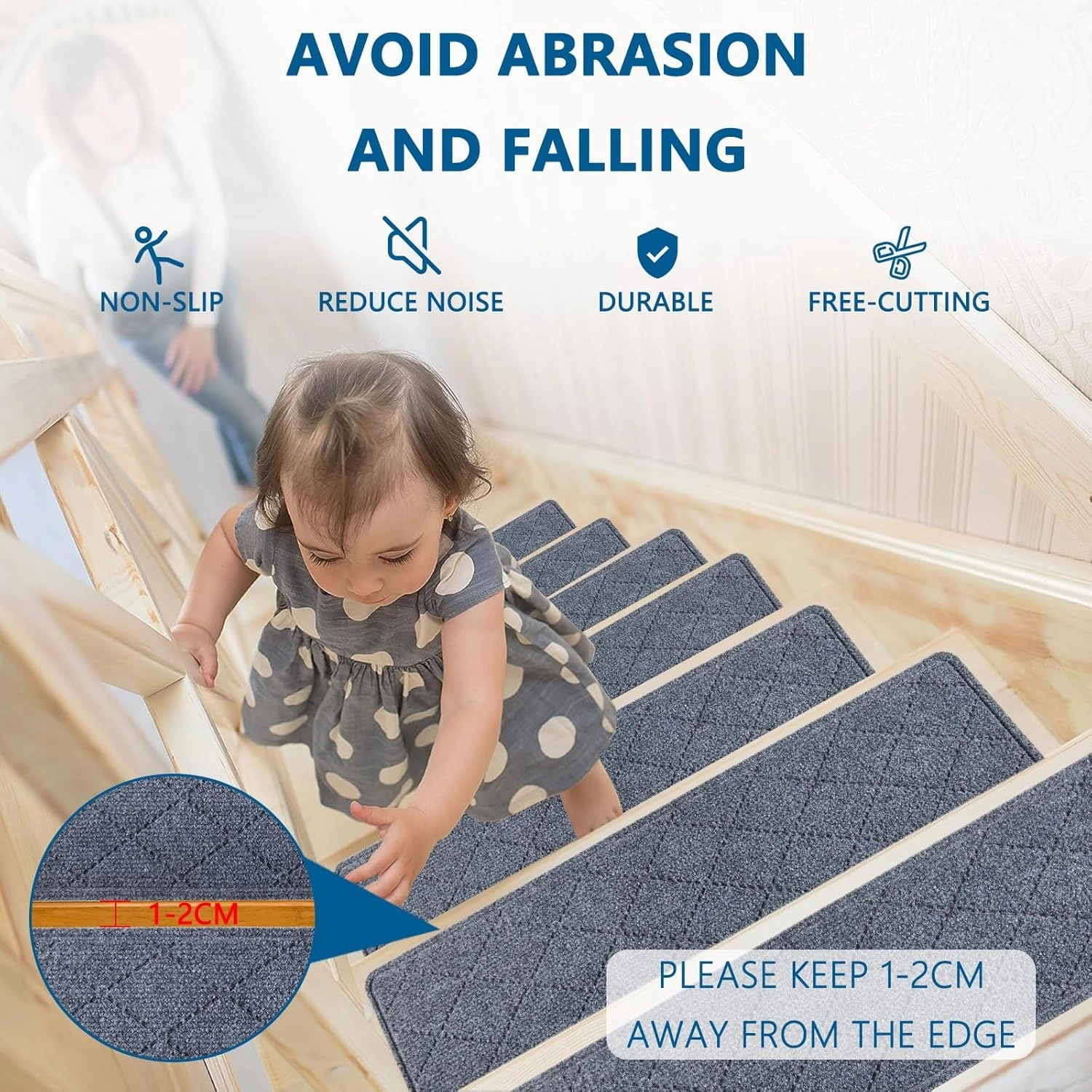 Stair Treads for Wooden Steps Indoor, KOOTETA 15 Pack 8" X 30" Non Slip Carpet Stair Treads with Reusable Adhesive for Kids Elders and Dogs, Surface Polyester TPR Backing Stair Runner Rugs, Dark Grey