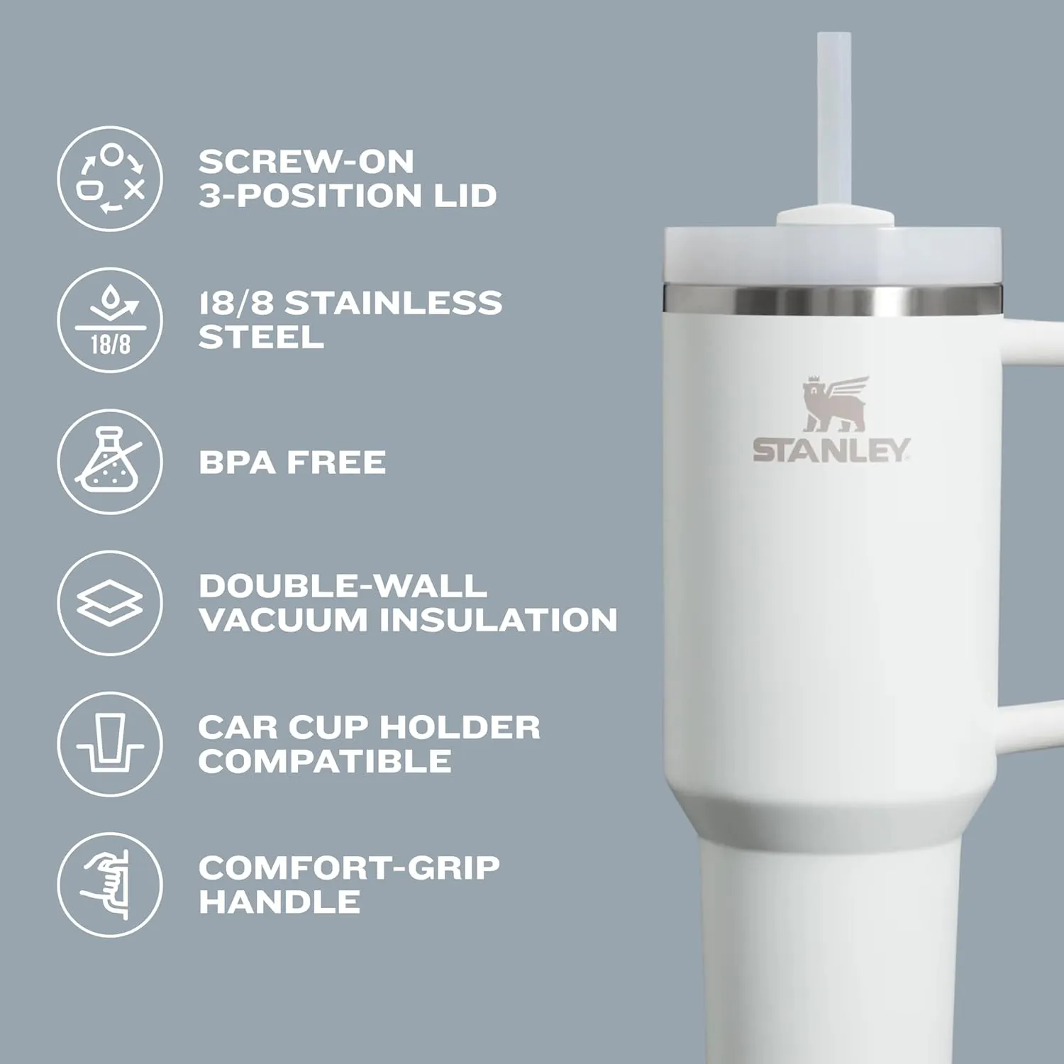 Stanley Quencher H2.0 Tumbler with Handle and Straw 40 oz | Flowstate 3-Position Lid | Cup Holder Compatible for Travel | Insulated Stainless Steel Cup | BPA-Free | Frost