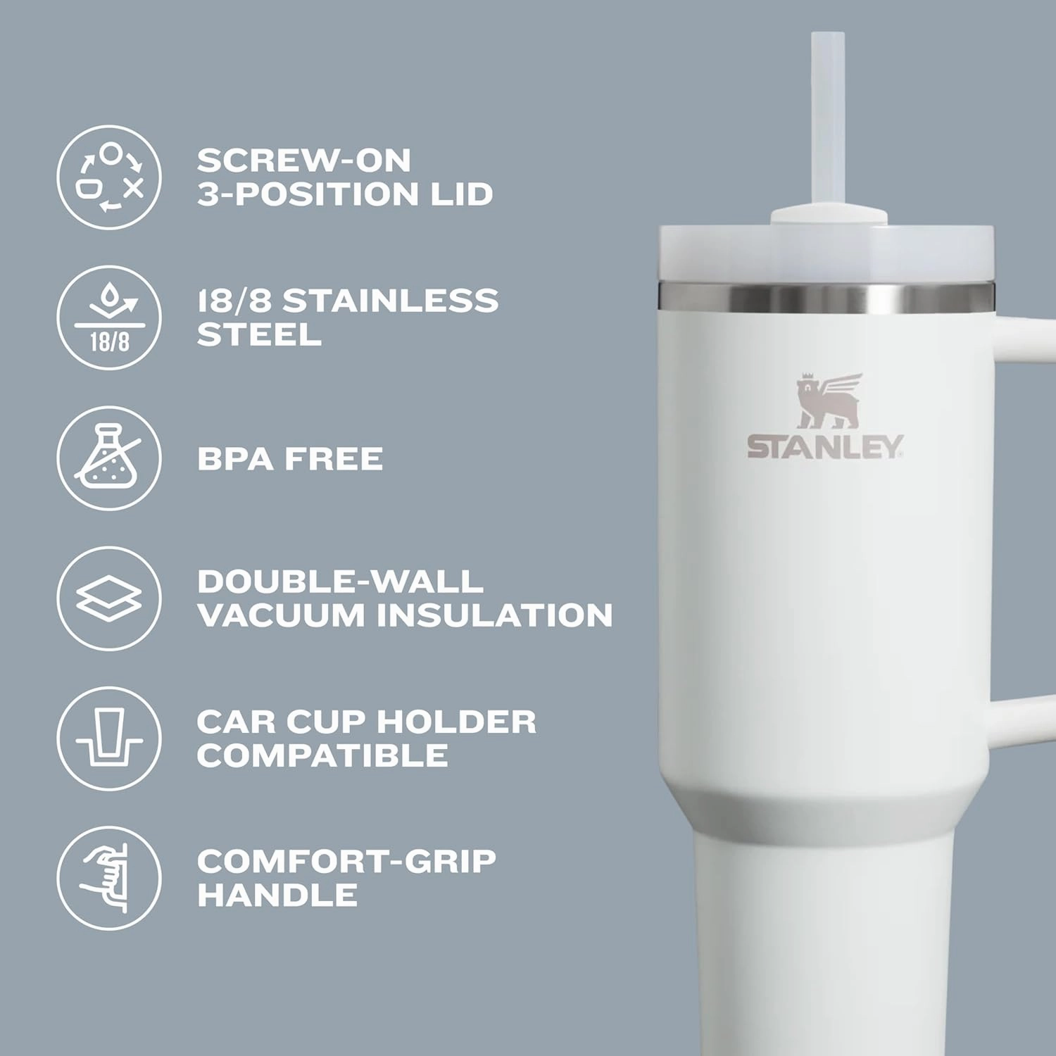 Stanley Quencher H2.0 Tumbler with Handle and Straw 30 oz | Flowstate 3-Position Lid | Cup Holder Compatible for Travel | Insulated Stainless Steel Cup | BPA-Free | Lilac