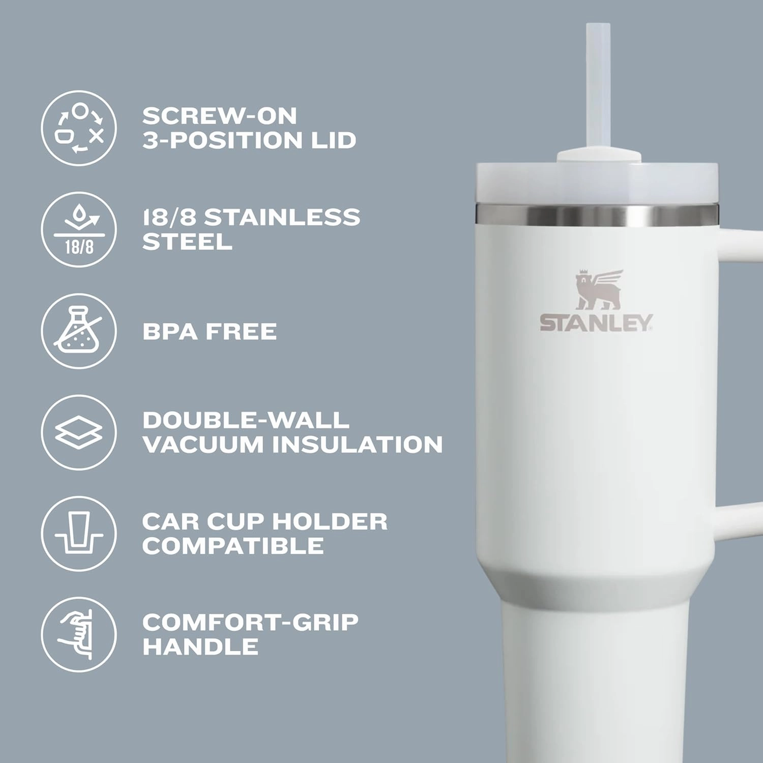 Stanley Quencher H2.0 Tumbler with Handle and Straw 30 oz | Flowstate 3-Position Lid | Cup Holder Compatible for Travel | Insulated Stainless Steel Cup | BPA-Free | Rose Quartz 2.0