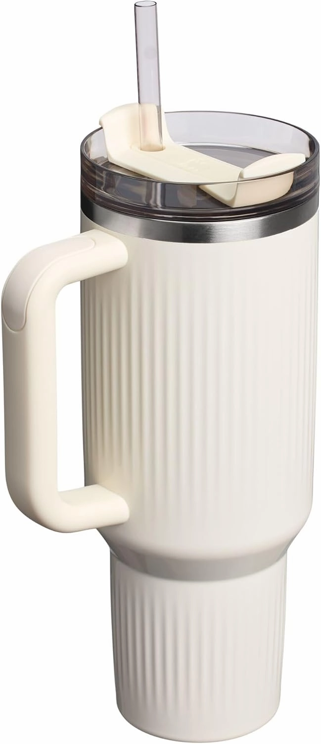 Stanley Quencher H2.0 Tumbler with Handle and Straw 40 oz | Flowstate 3-Position Lid | Cup Holder Compatible for Travel | Insulated Stainless Steel Cup | BPA-Free | Fluted Cream Gloss