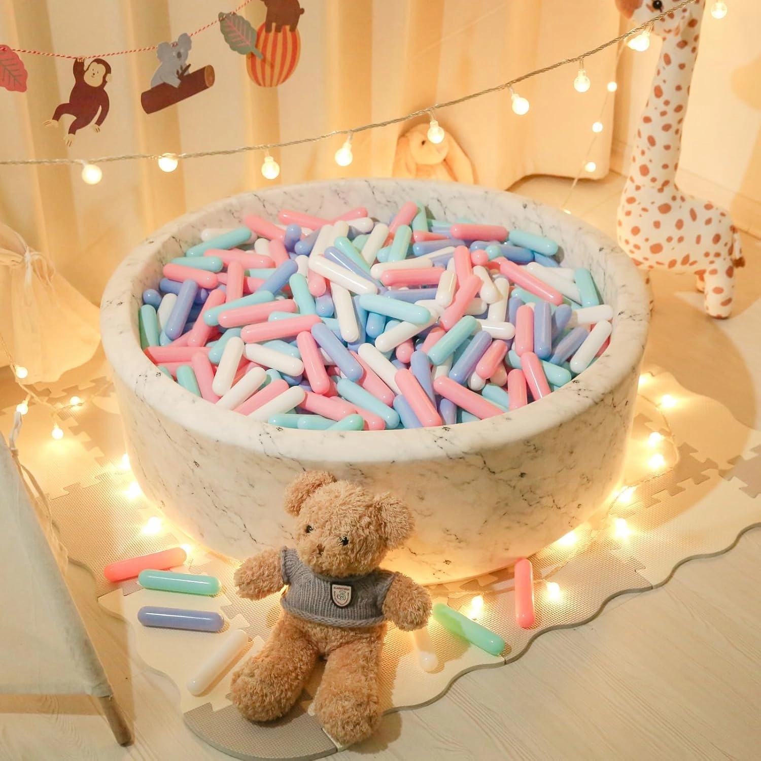 STARBOLO Ball Pit Balls for Baby and Toddler, 100 150 200 Pack Phthalate Free BPA Free Crush Proof Plastic - Multicolored Pit Balls Play Toys for Kids (Macaron 5 Color;Candy Long Balls, 100balls)